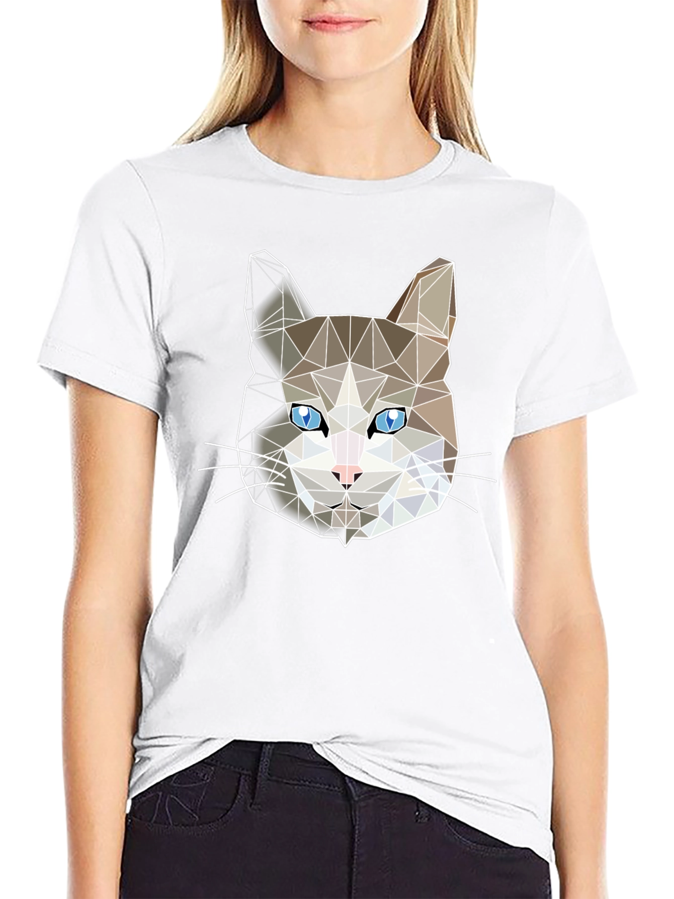 Geometric Cat Face Black T-Shirt
