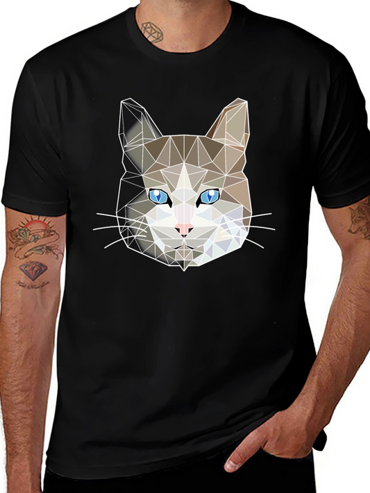 Geometric Cat Face Black T-Shirt