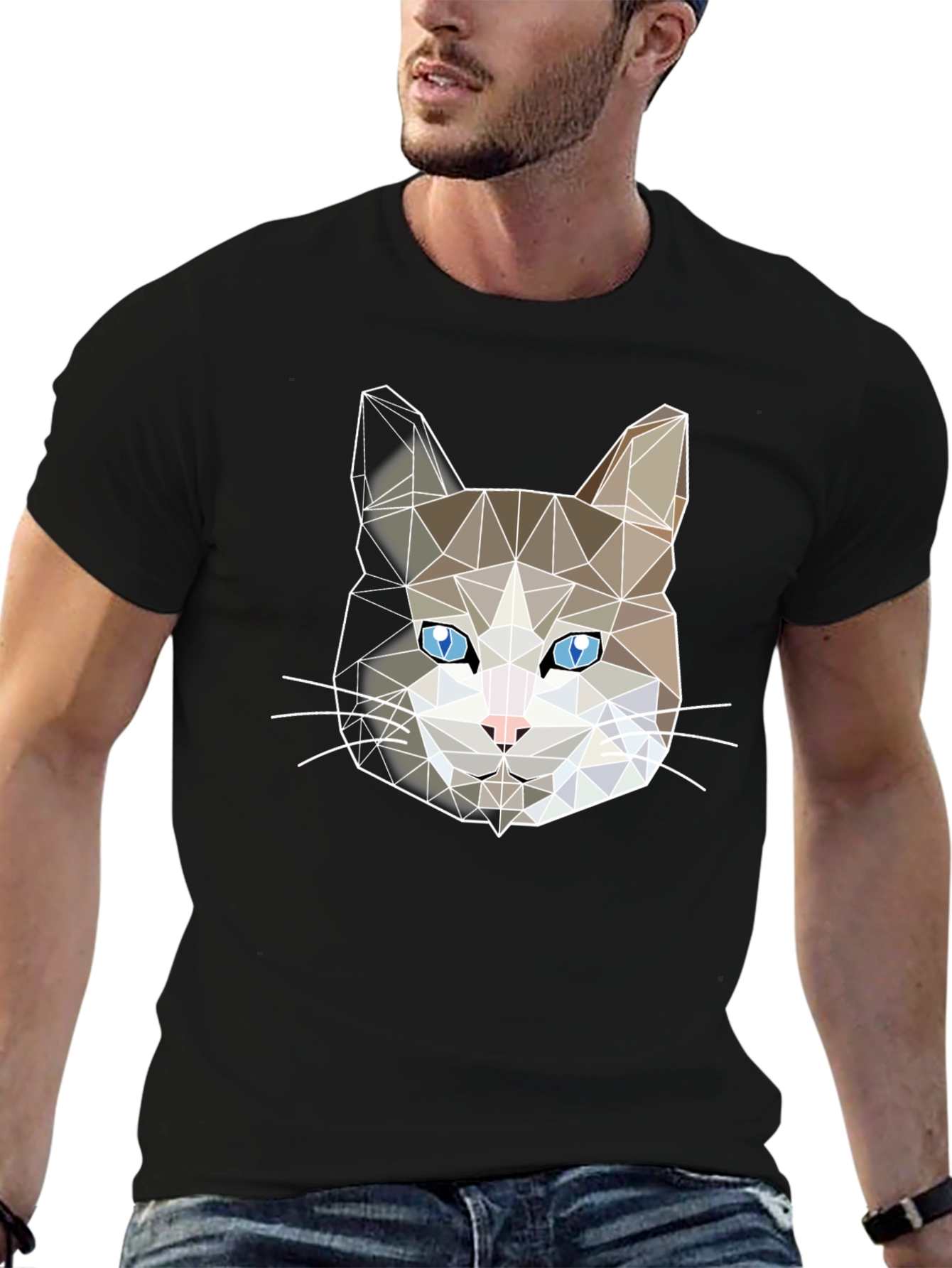 Geometric Cat Face Black T-Shirt