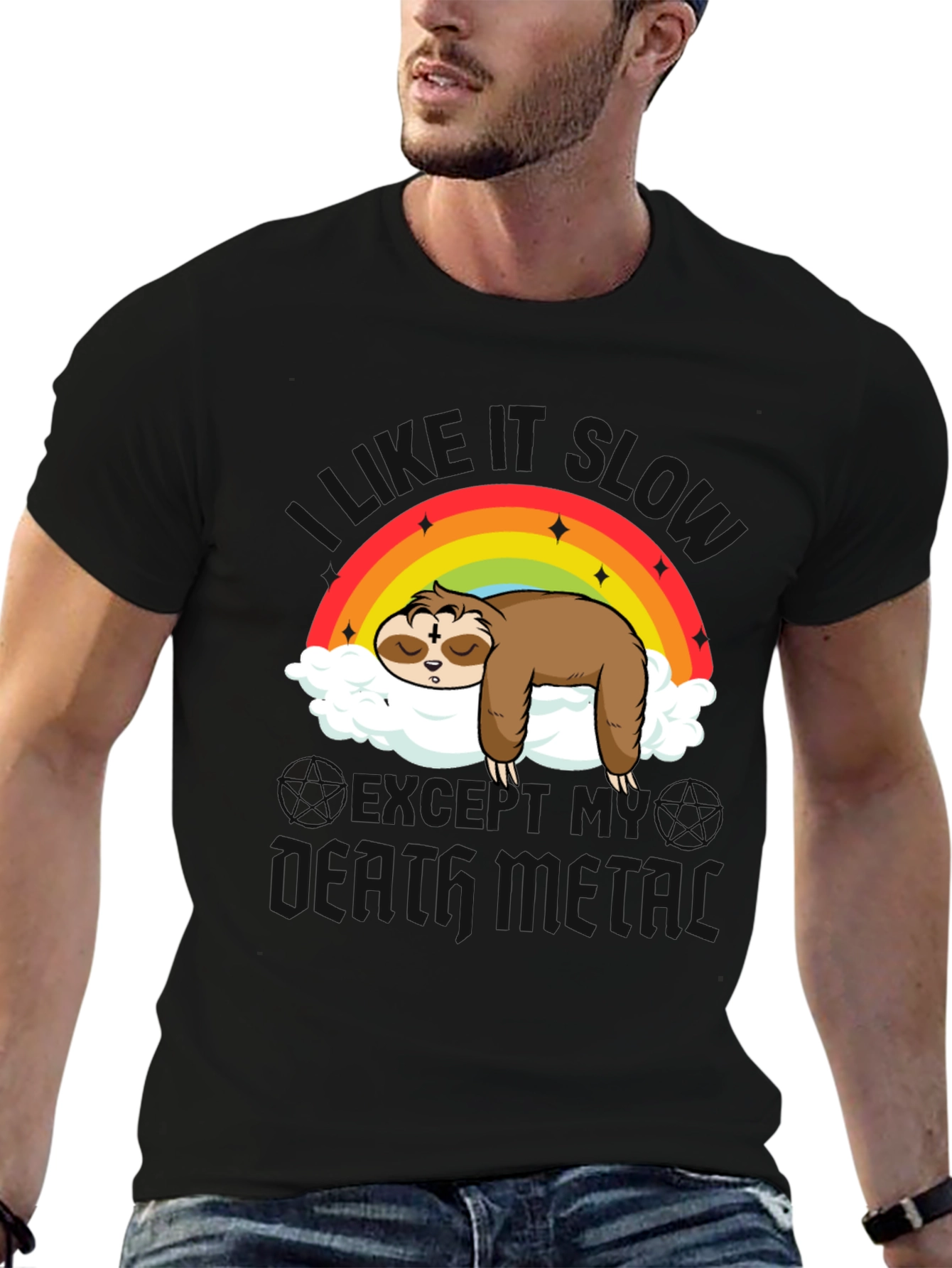 Cute Sloth Rainbow Cloud Heavy Metal T-Shirt