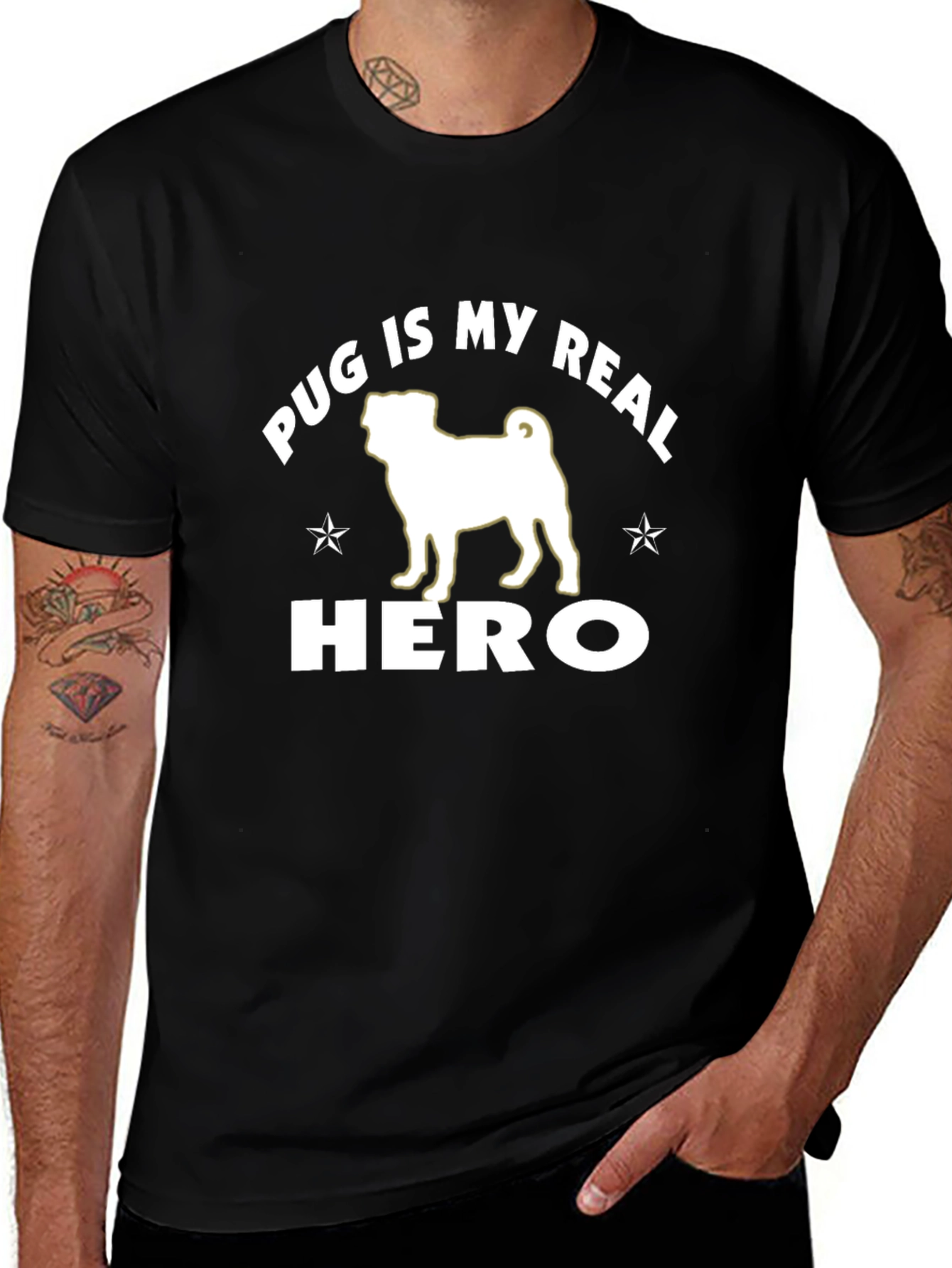 Pug Is My Real Hero Black Graphic T-Shirt