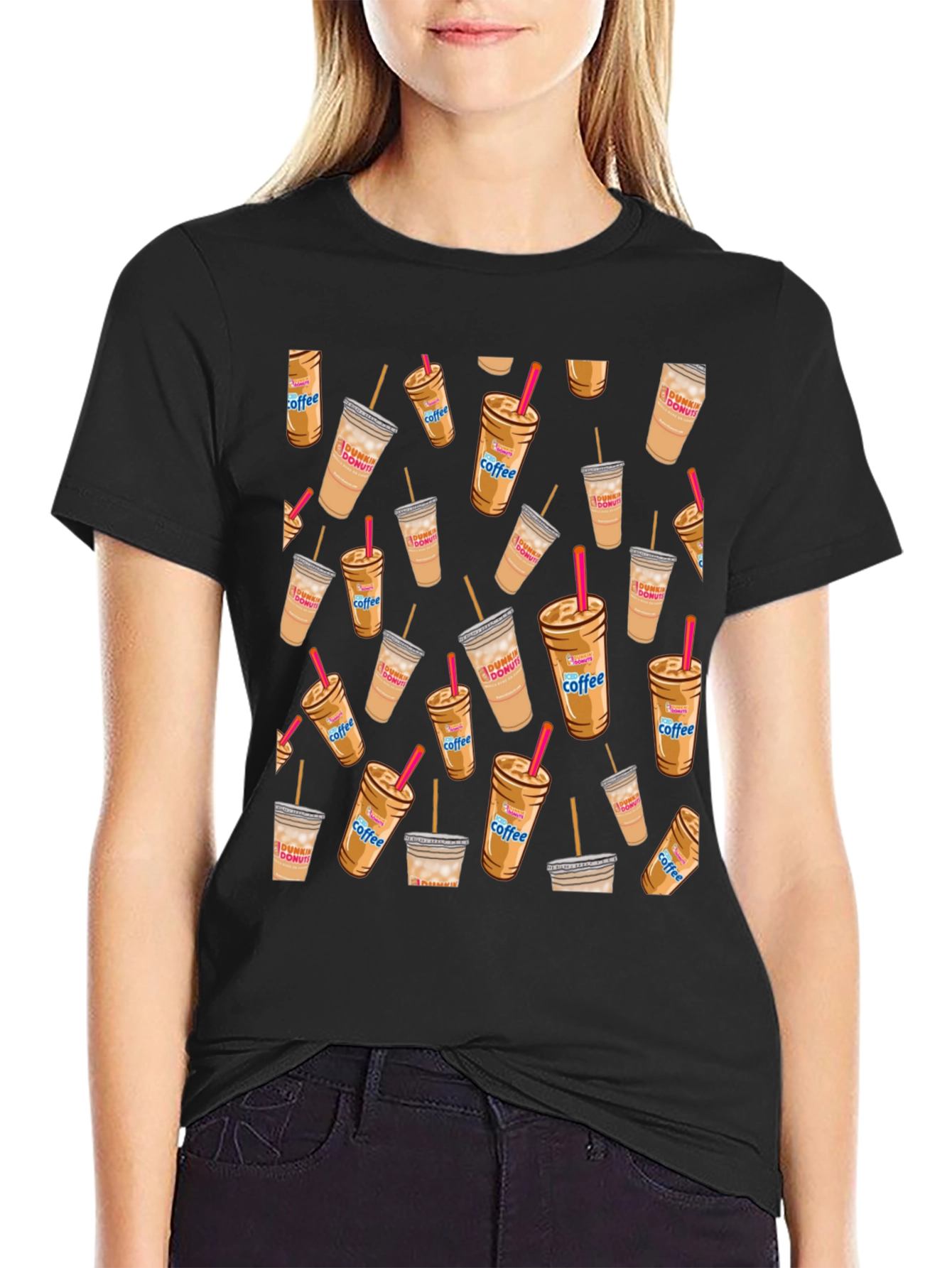 Coffee Cup Pattern Black T-Shirt