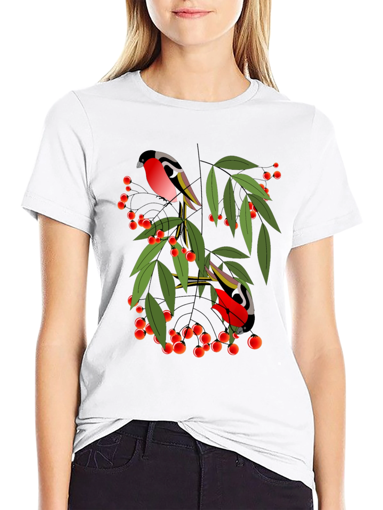 Bird & Berry Graphic Tee - Stylish Black T-Shirt