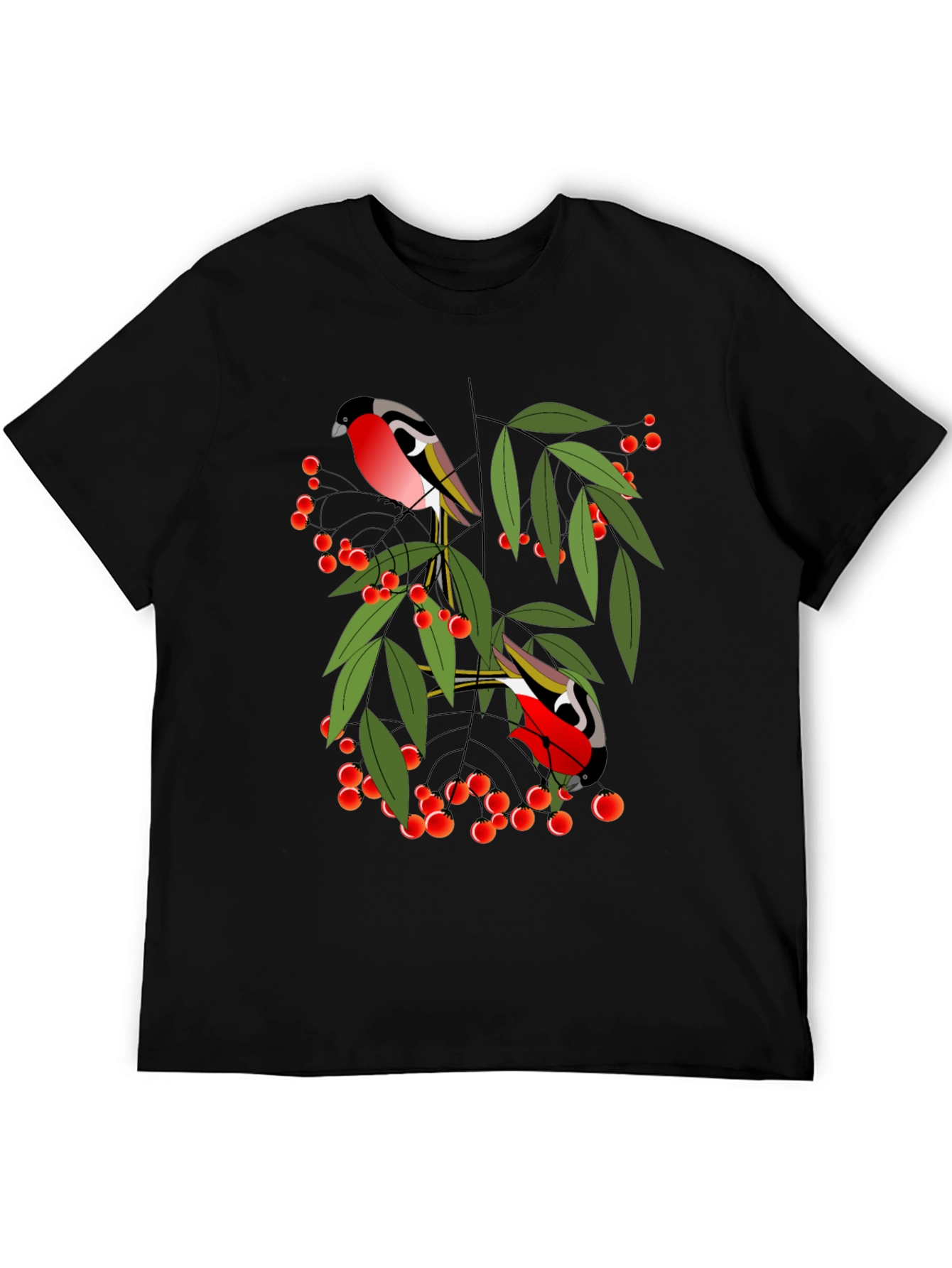 Bird & Berry Graphic Tee - Stylish Black T-Shirt
