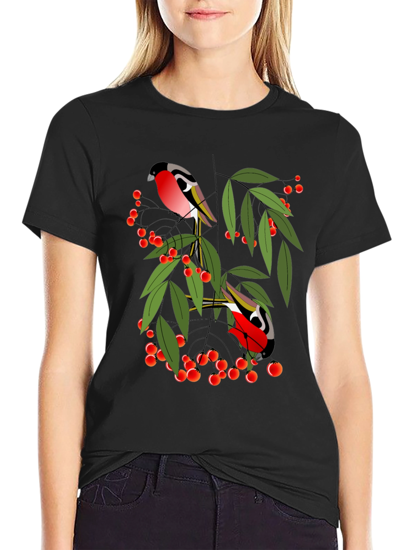 Bird & Berry Graphic Tee - Stylish Black T-Shirt