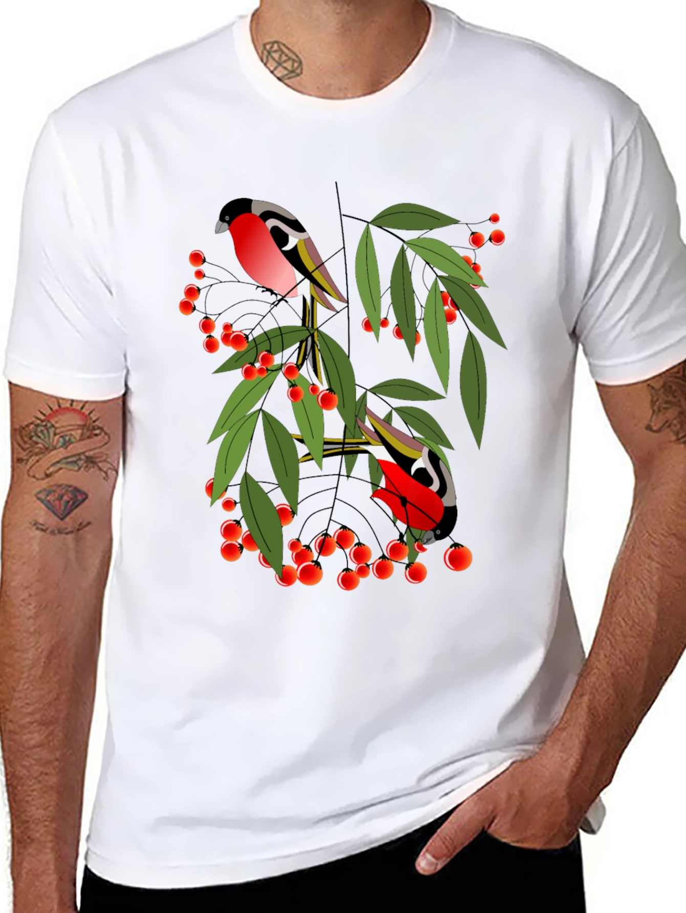 Bird & Berry Graphic Tee - Stylish Black T-Shirt