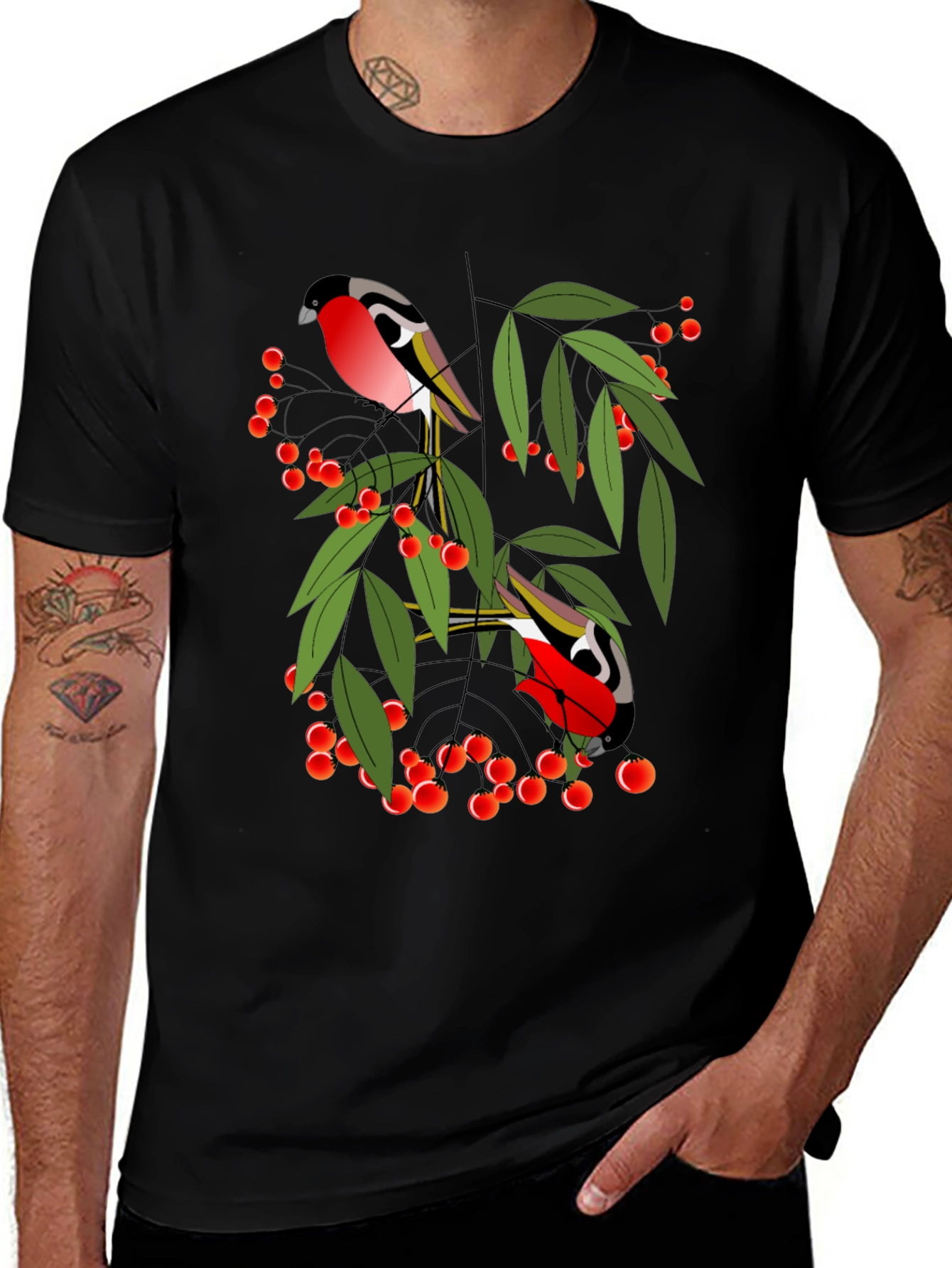 Bird & Berry Graphic Tee - Stylish Black T-Shirt