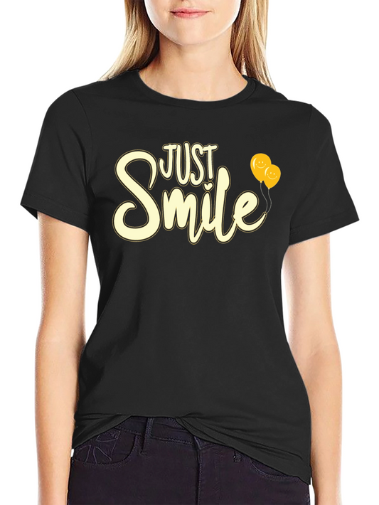 Just Smile Graphic Tee - Black T-Shirt with Balloons