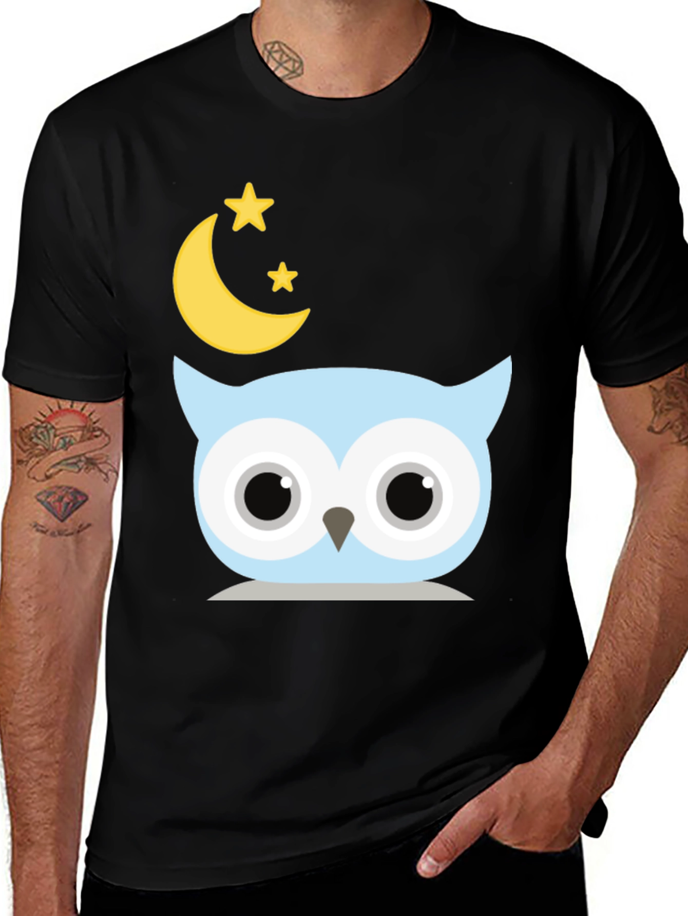 Cute Owl Moon Stars Graphic Black T-Shirt