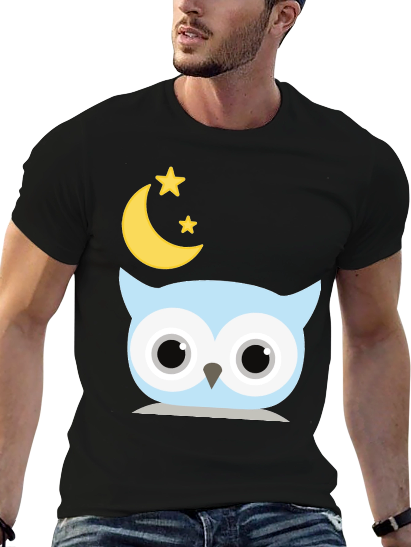 Cute Owl Moon Stars Graphic Black T-Shirt