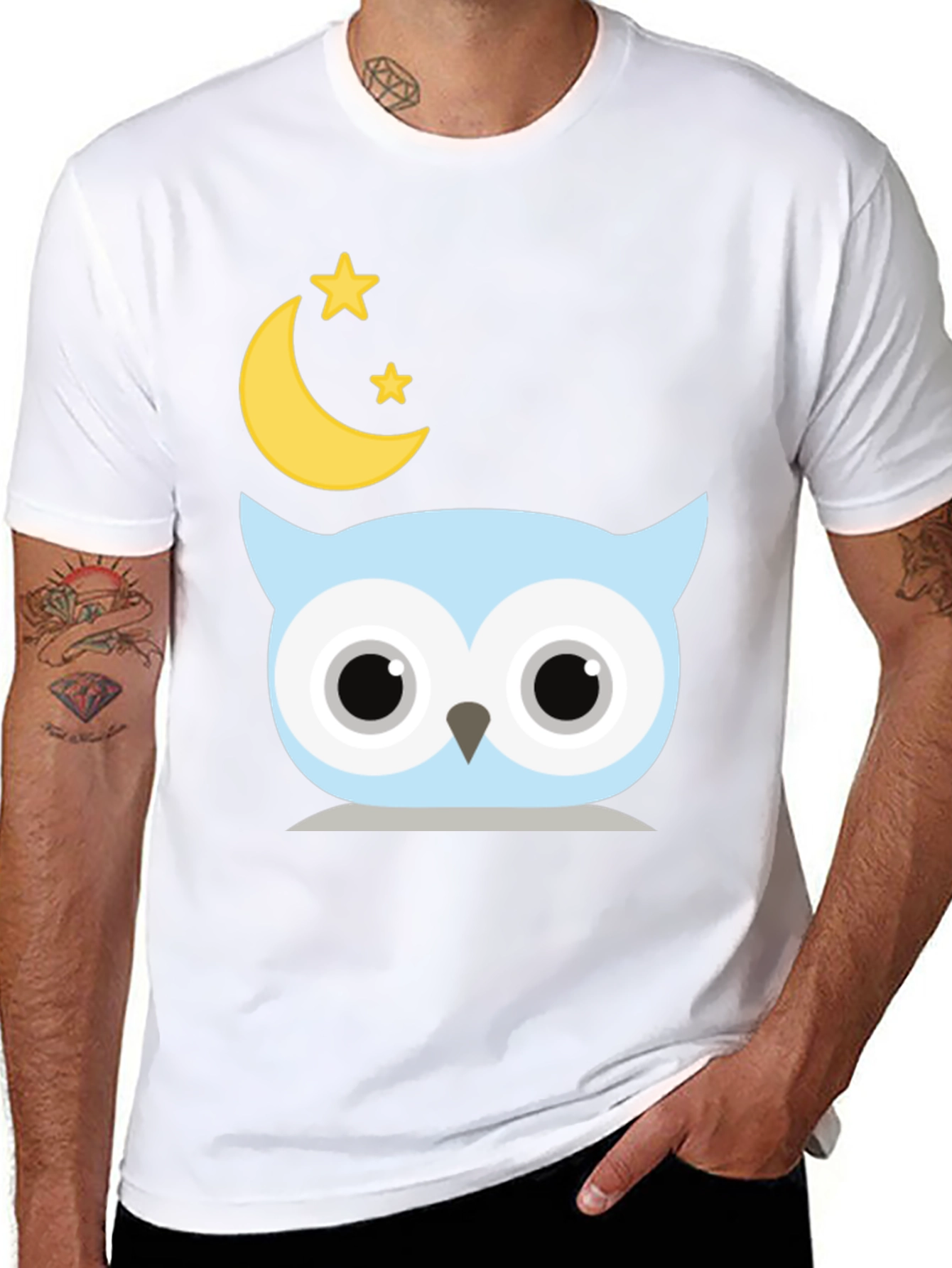 Cute Owl Moon Stars Graphic Black T-Shirt