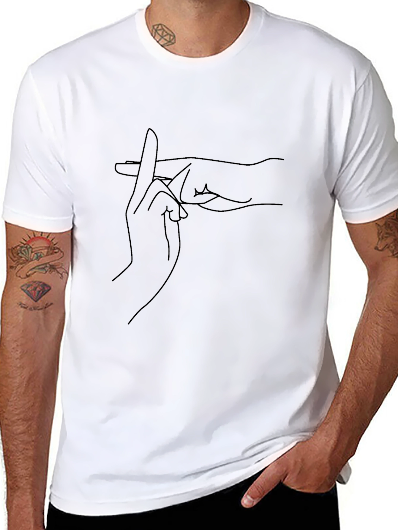 Black T-Shirt with Unique Hand Gesture Line Art