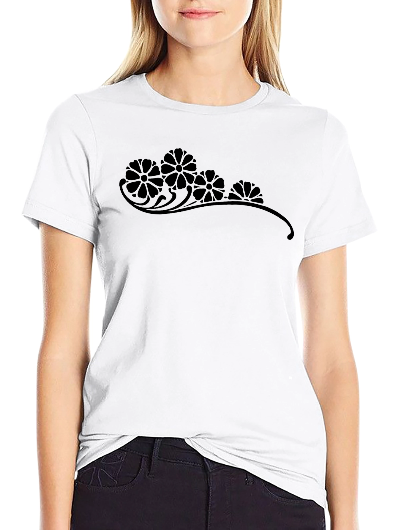 Mens Black T-Shirt with Floral Accent