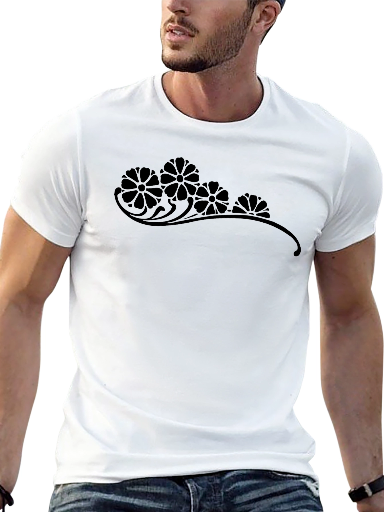 Mens Black T-Shirt with Floral Accent