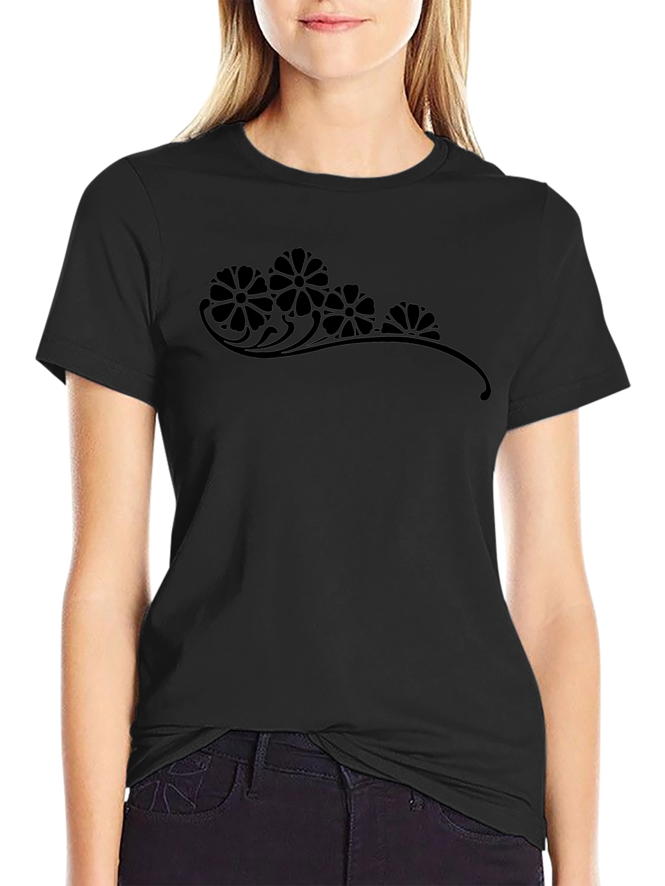 Mens Black T-Shirt with Floral Accent