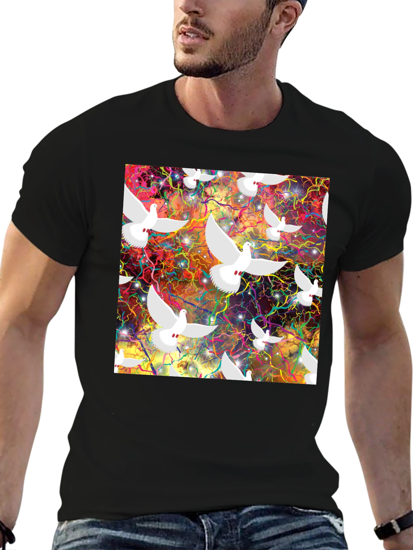 Doves in Space Graphic Tee - Black T-Shirt