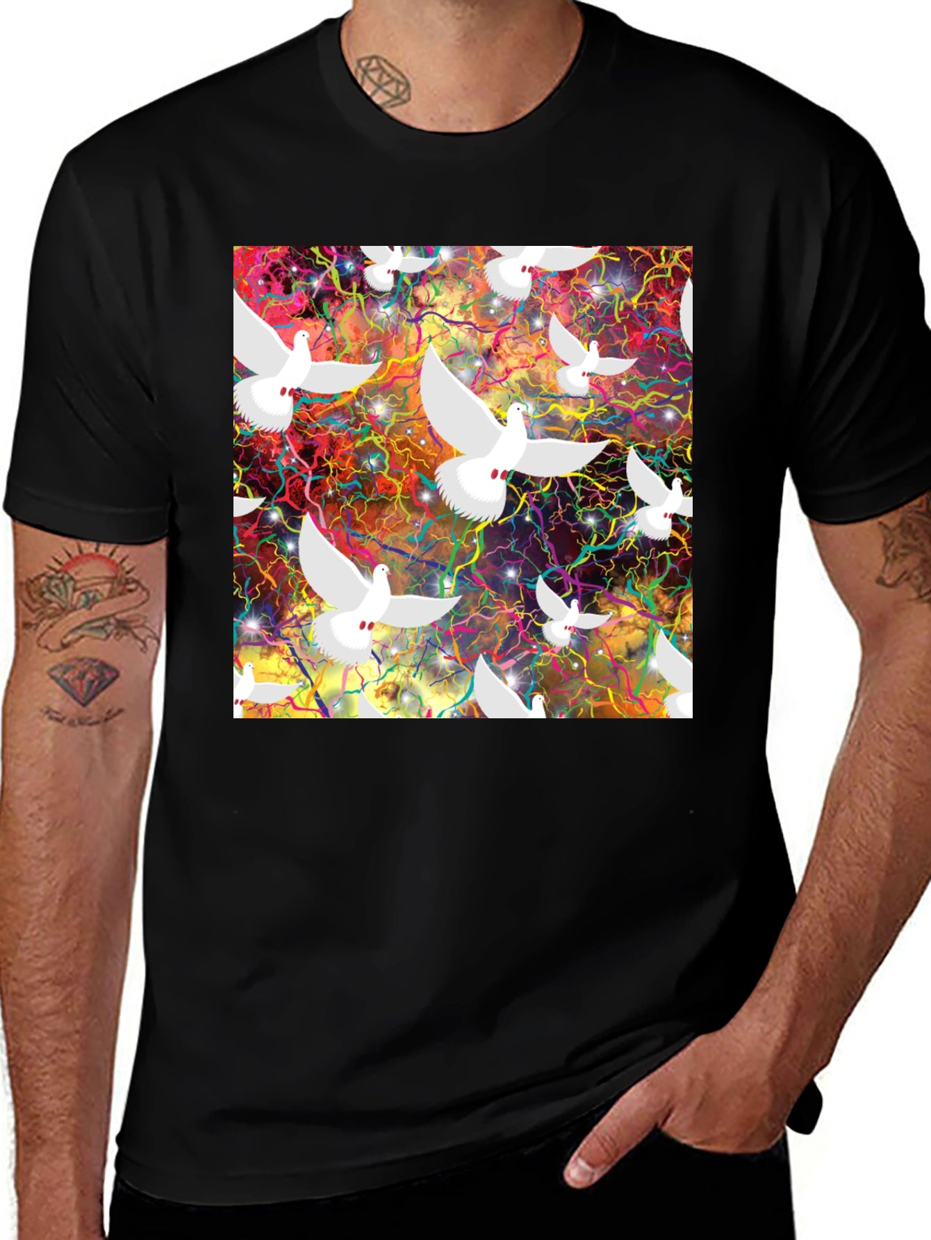 Doves in Space Graphic Tee - Black T-Shirt