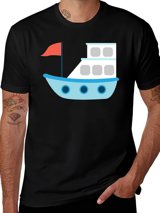 Black T-Shirt with Cartoon Boat Design