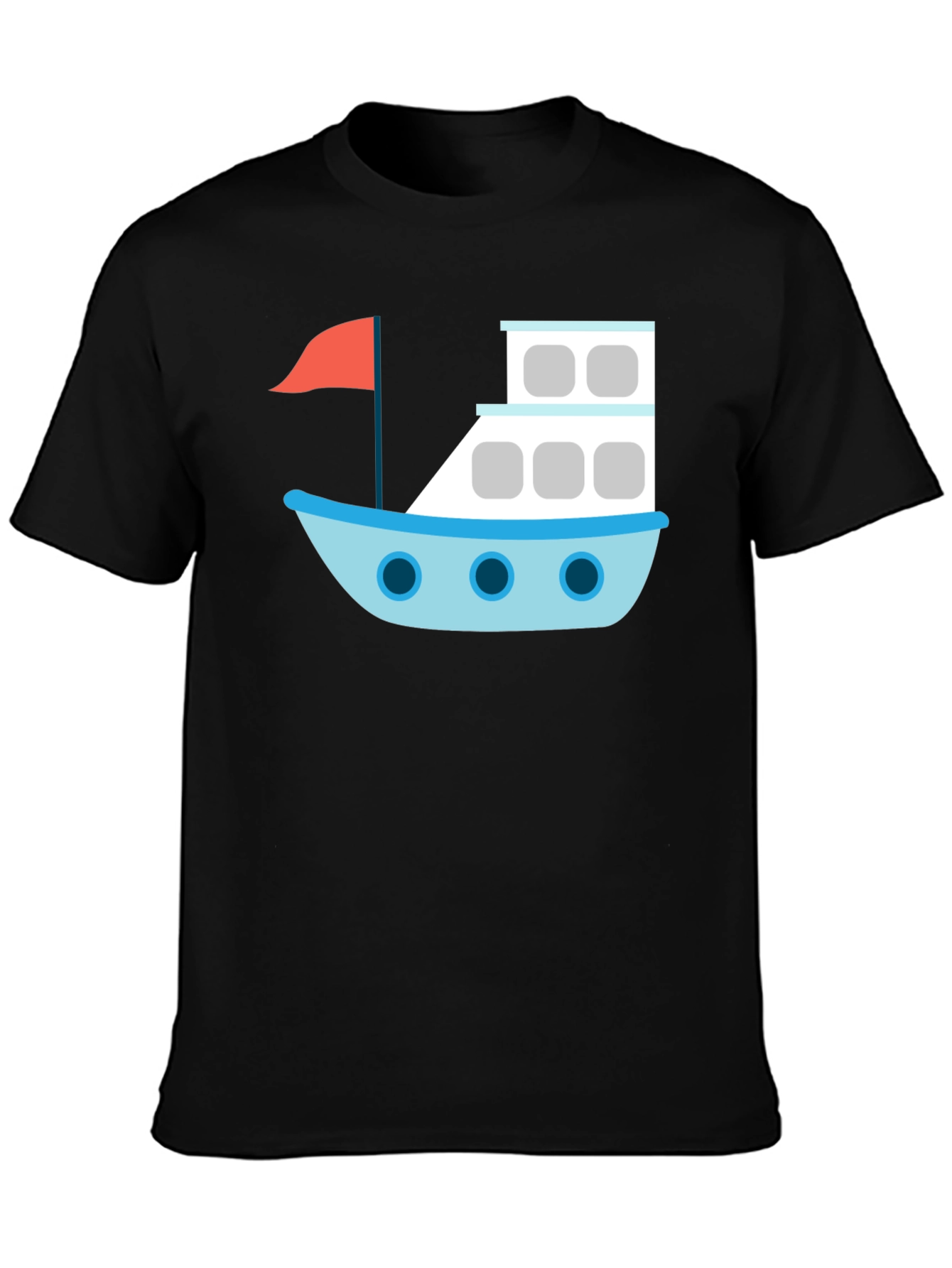 Black T-Shirt with Cartoon Boat Design