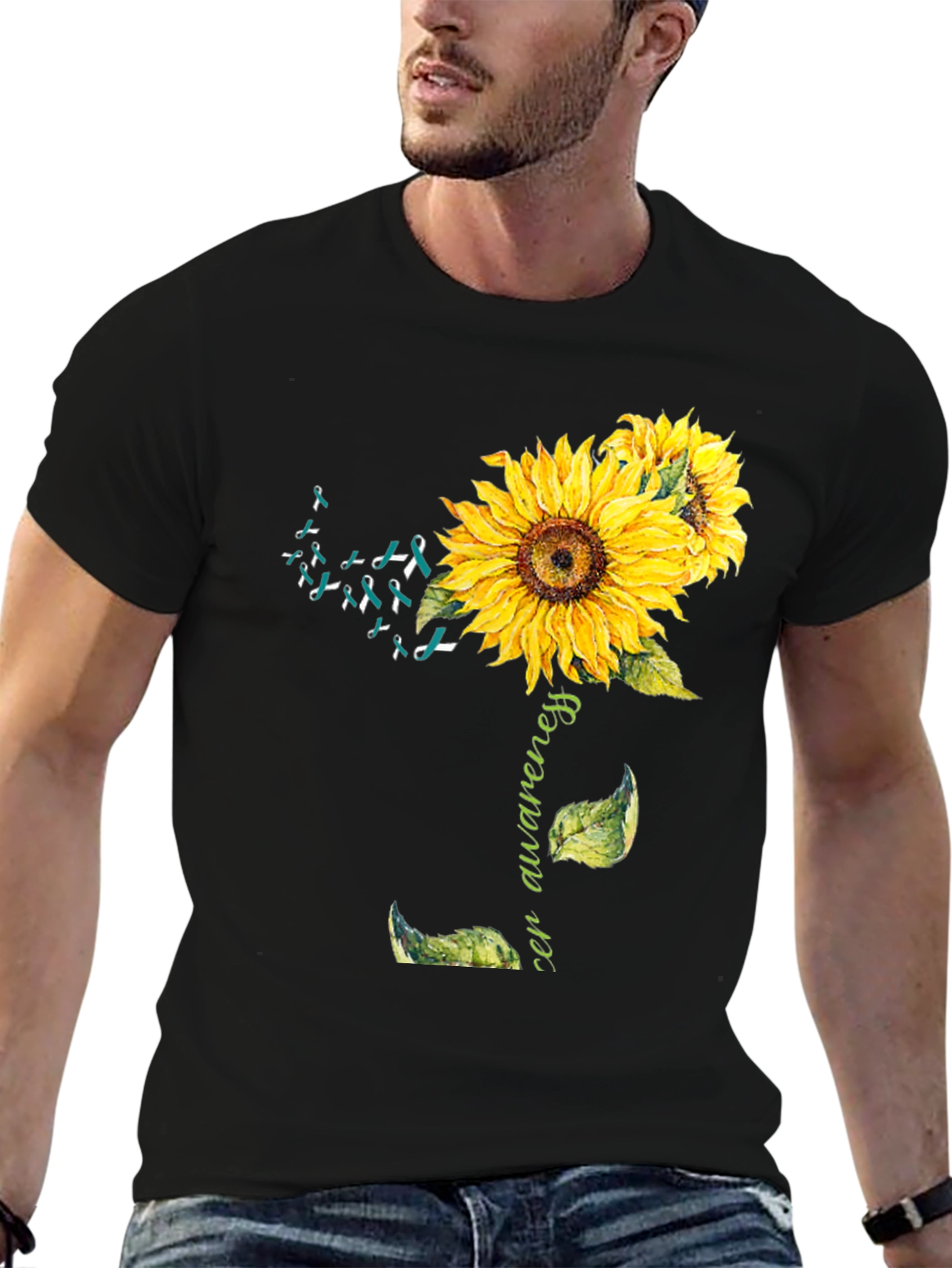 Sunflower Teal Ribbon Cancer Awareness T-Shirt