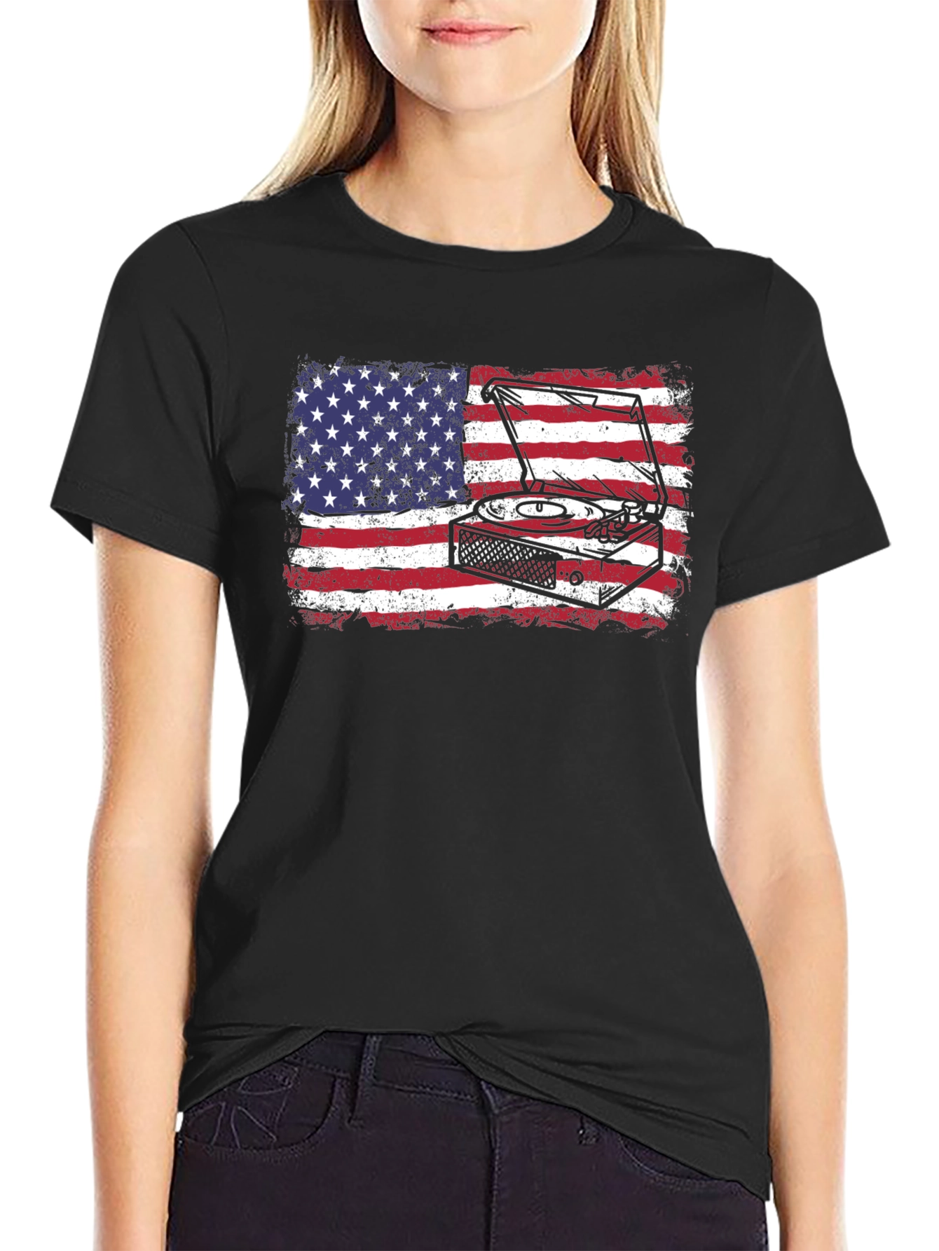 American Flag Turntable Graphic T-Shirt