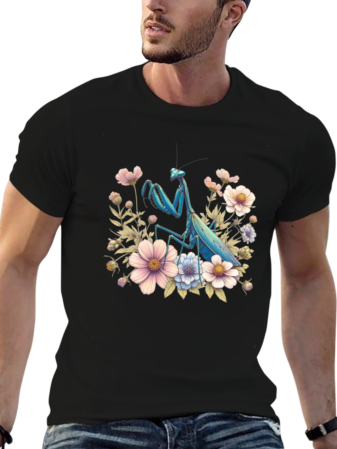 Floral Mantis Graphic Tee - Unique Bug Design