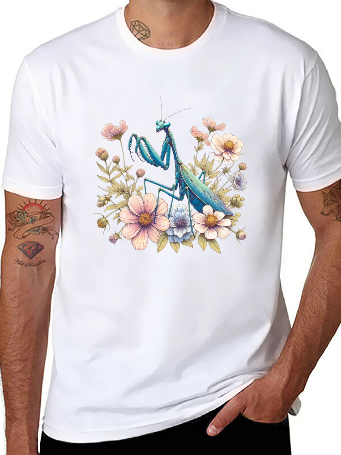 Floral Mantis Graphic Tee - Unique Bug Design