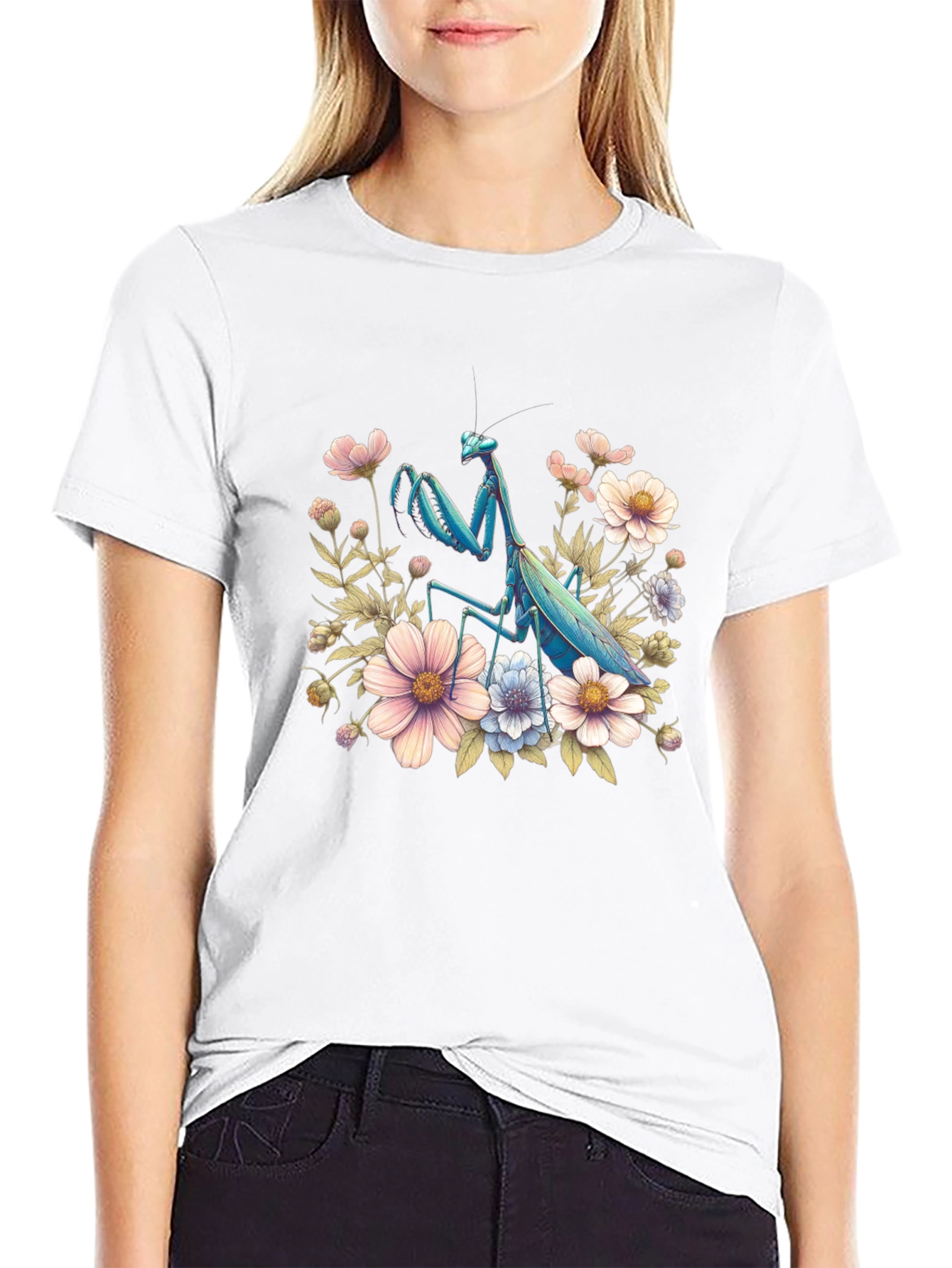 Floral Mantis Graphic Tee - Unique Bug Design
