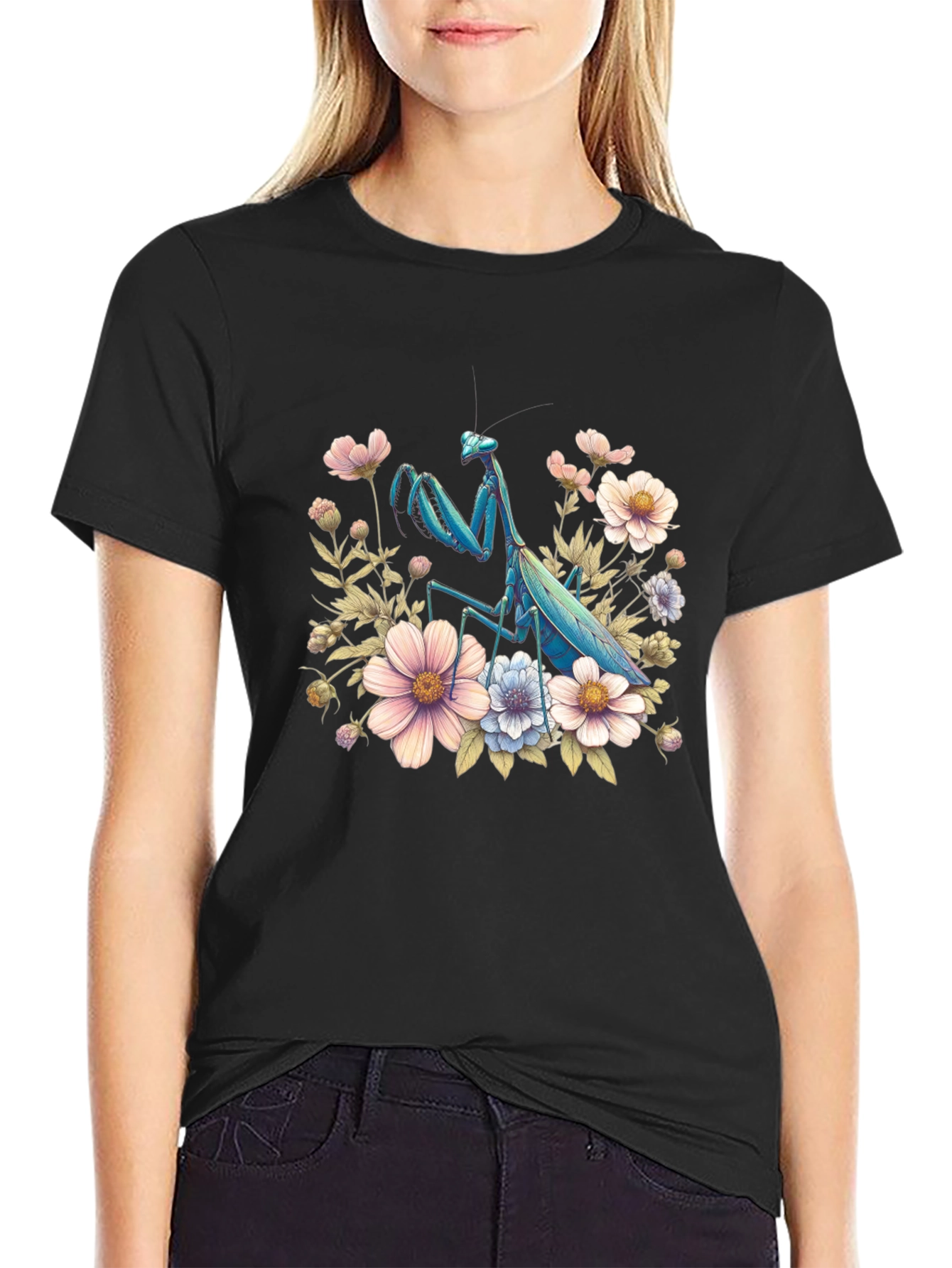 Floral Mantis Graphic Tee - Unique Bug Design