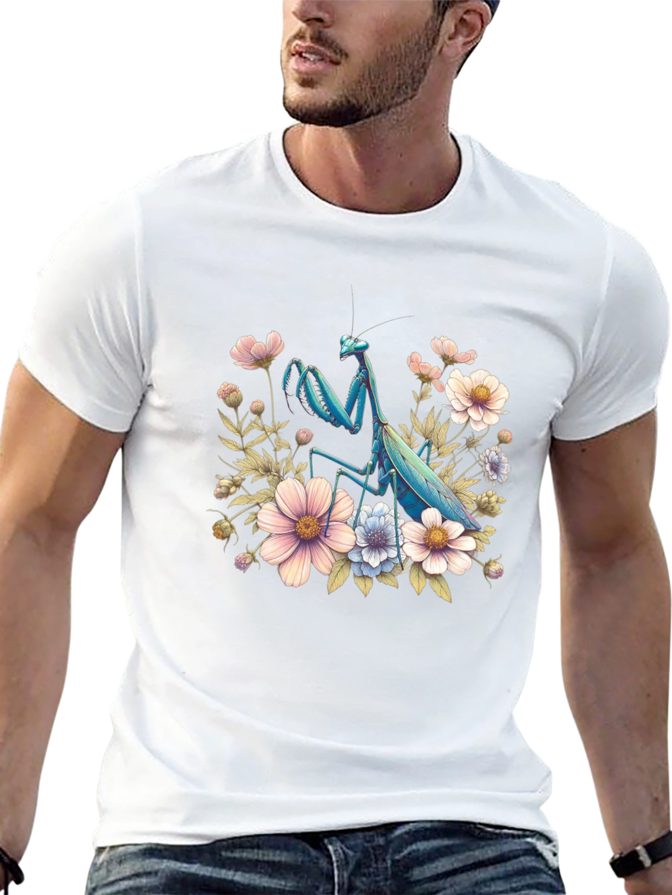 Floral Mantis Graphic Tee - Unique Bug Design
