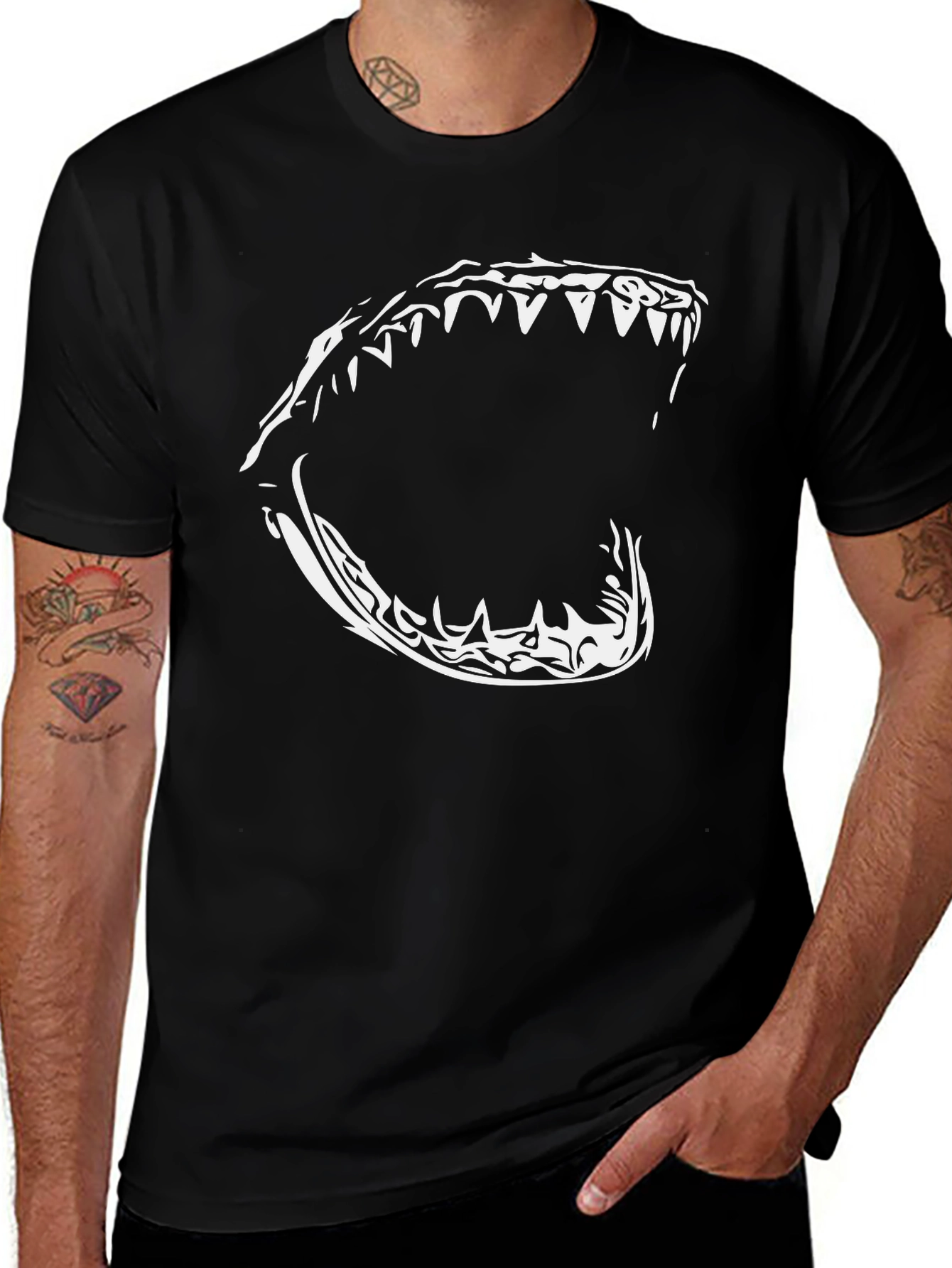 Mens Black T-Shirt with Bold Shark Jaw Graphic