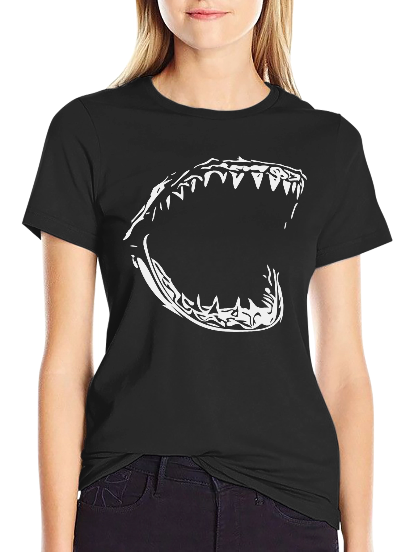 Mens Black T-Shirt with Bold Shark Jaw Graphic