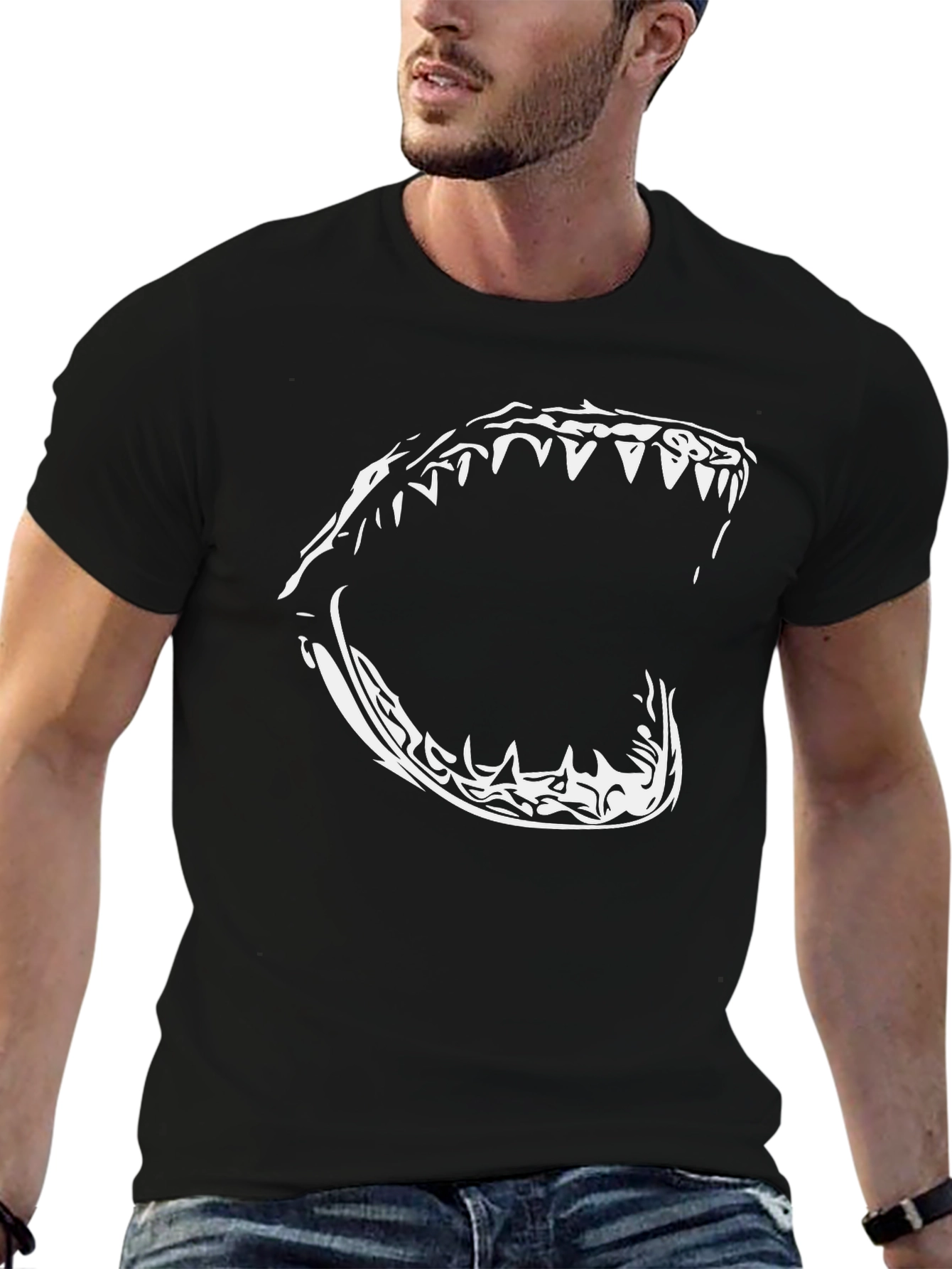 Mens Black T-Shirt with Bold Shark Jaw Graphic