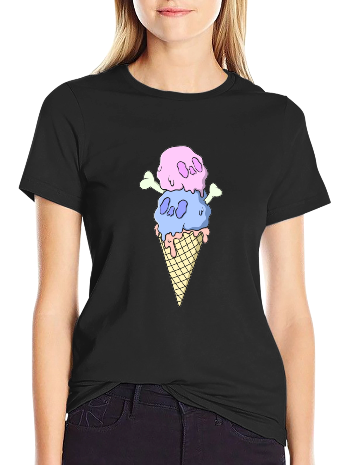 Skull Ice Cream Graphic Tee - Black Cotton T-Shirt