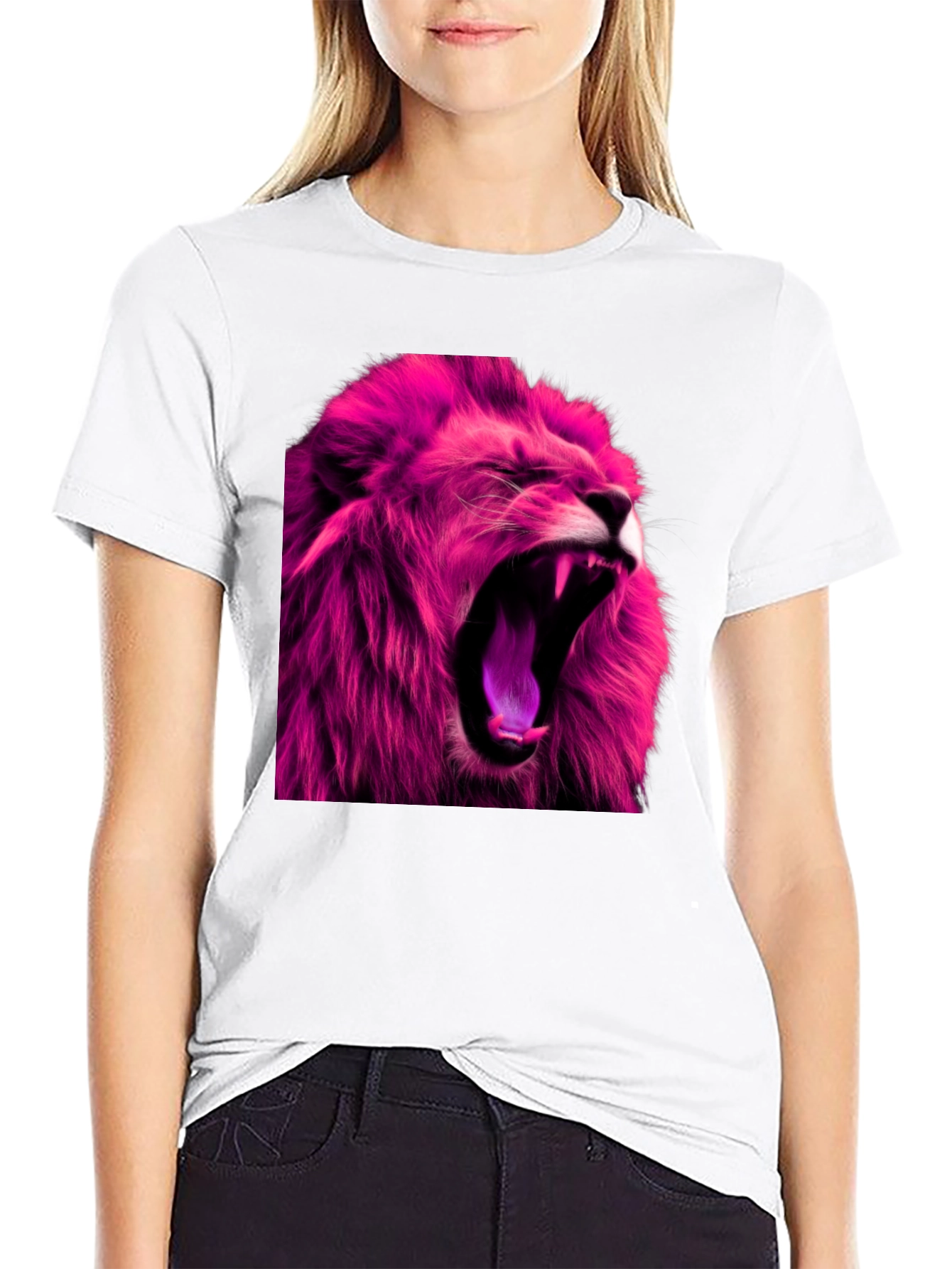 Roaring Pink Lion Graphic Print Black T-Shirt