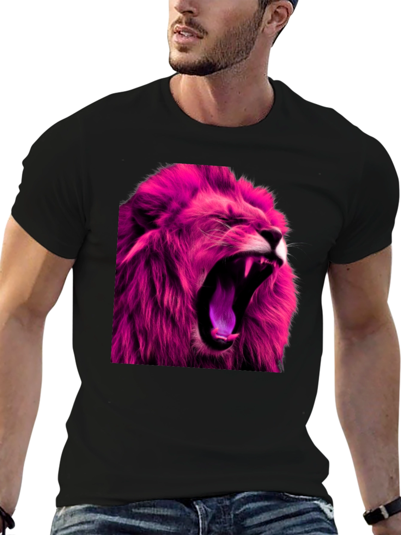 Roaring Pink Lion Graphic Print Black T-Shirt