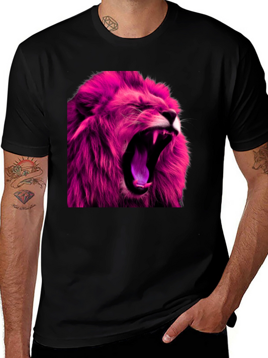 Roaring Pink Lion Graphic Print Black T-Shirt