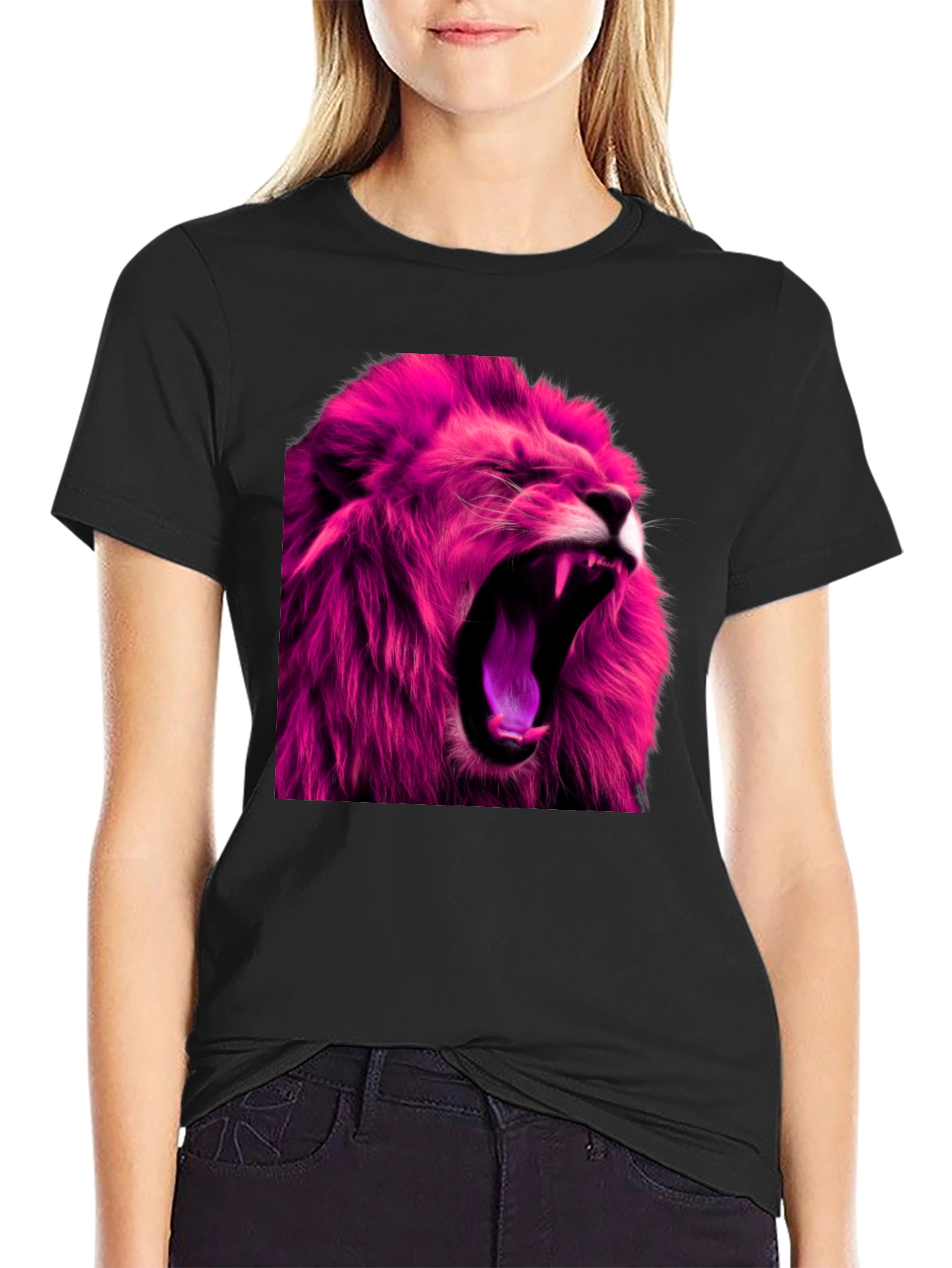 Roaring Pink Lion Graphic Print Black T-Shirt