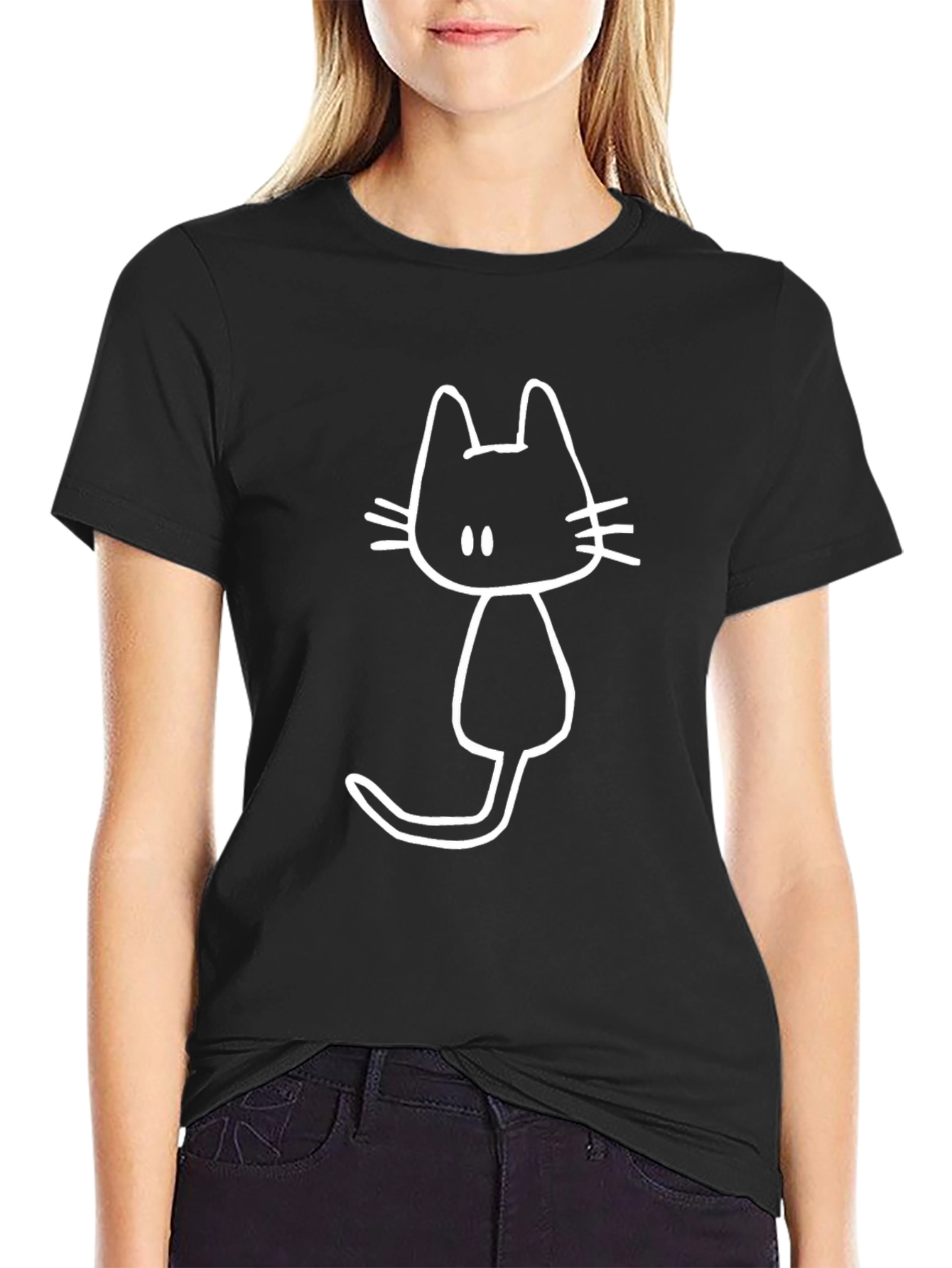 Cute Cat Graphic Tee - Black Cotton T-Shirt