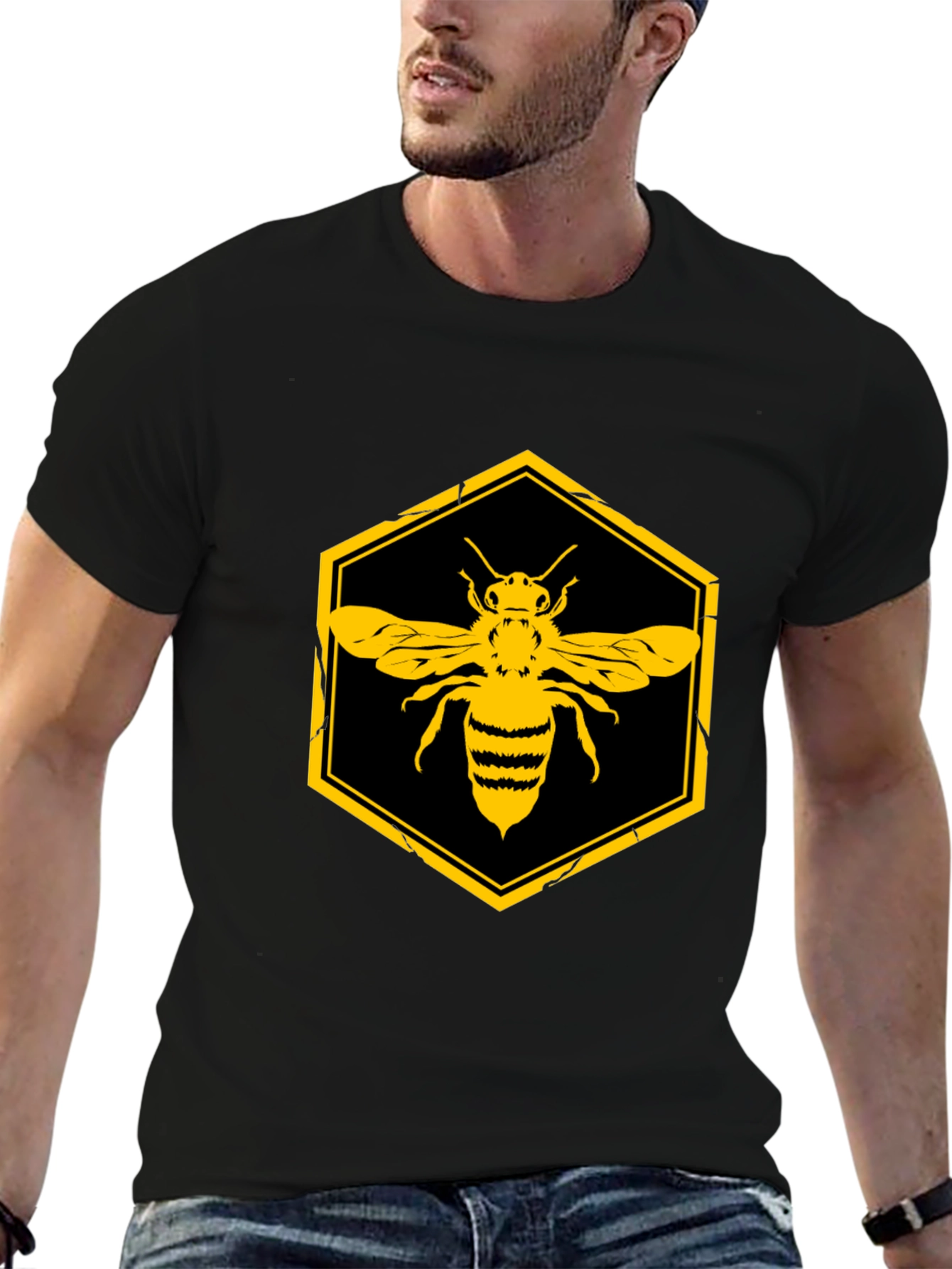 Honeycomb Bee Graphic Tee - Black Cotton T-Shirt