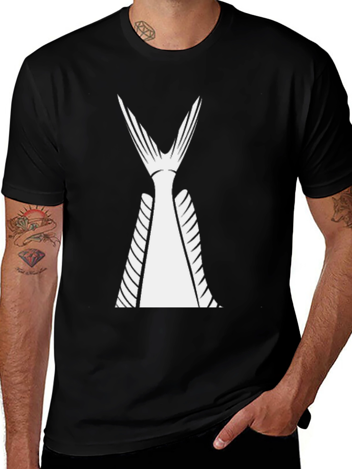 Black T-Shirt with White Fish Tail Design