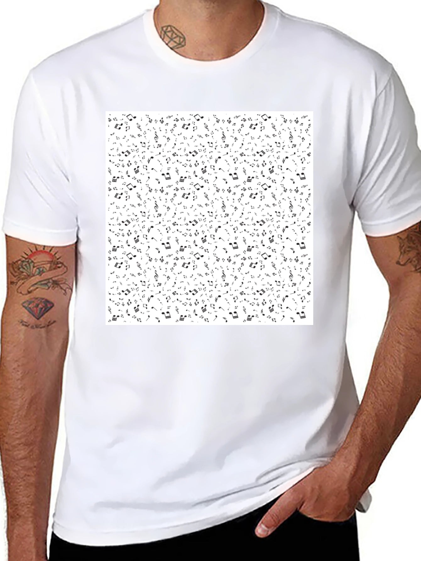 Musical Notes Print Black T-Shirt
