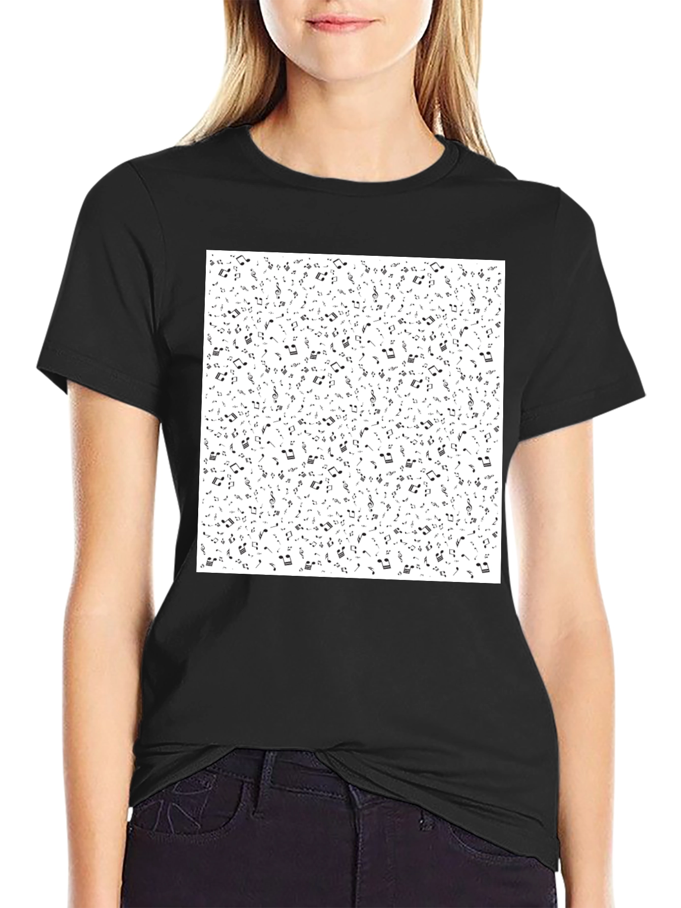 Musical Notes Print Black T-Shirt