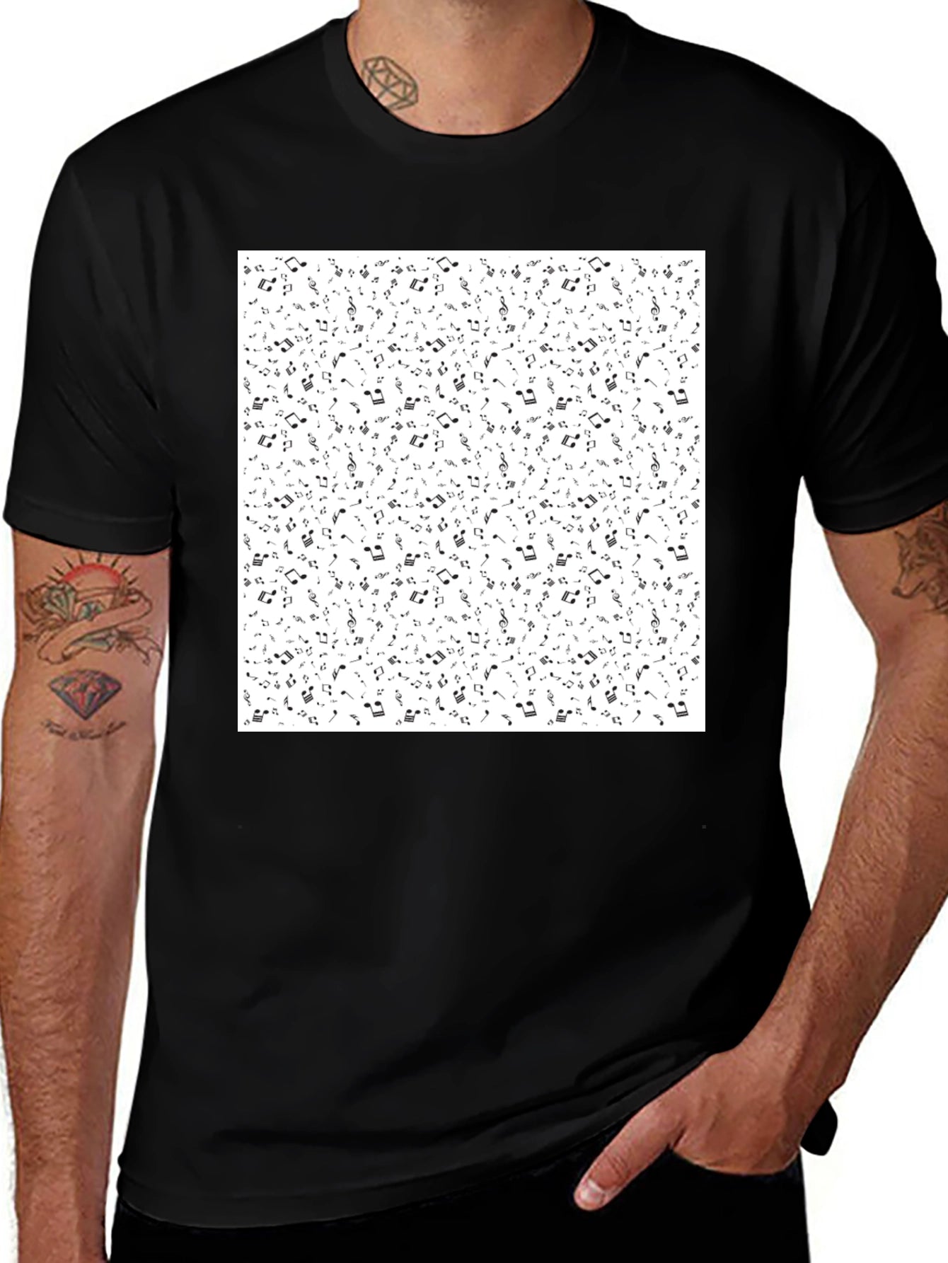 Musical Notes Print Black T-Shirt