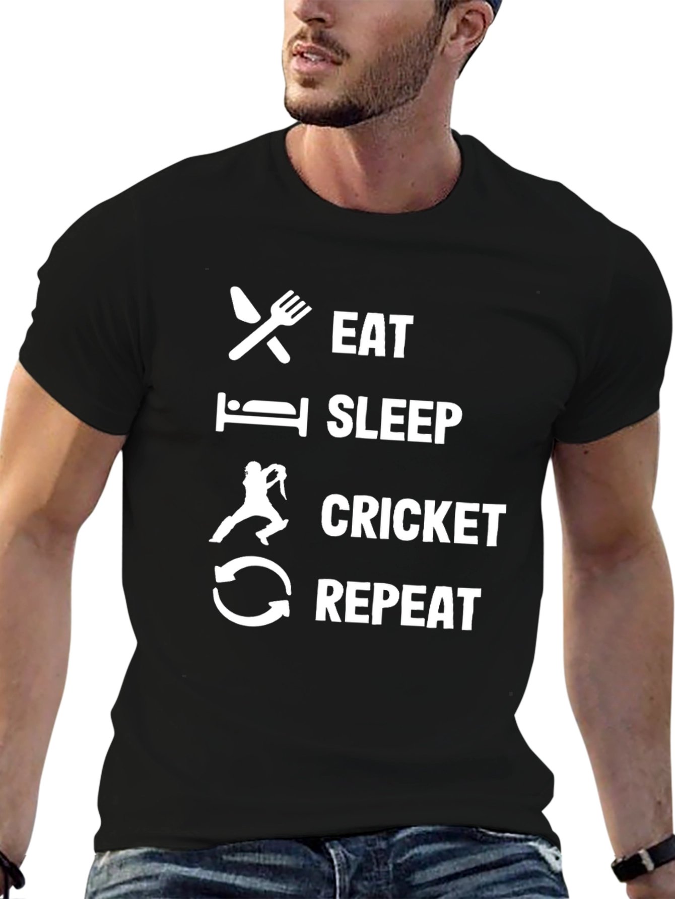 Eat Sleep Cricket Repeat Black T-Shirt