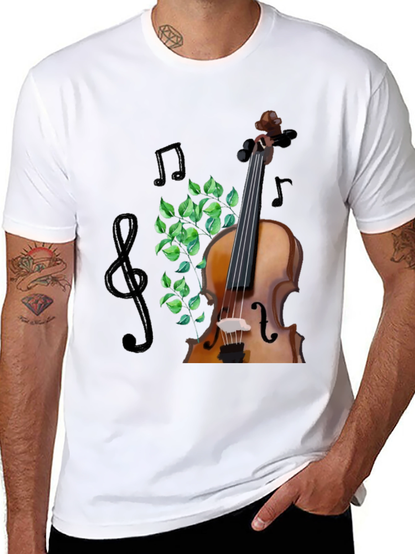 Musical T-Shirt: Violin Notes and Greenery Design