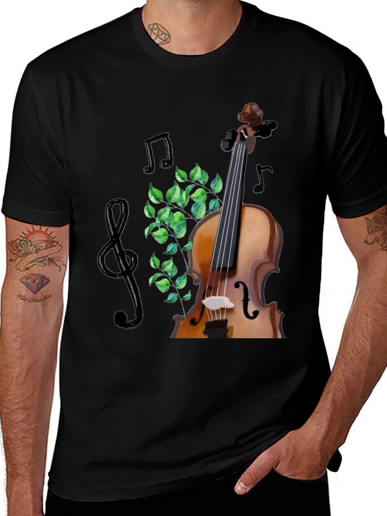Musical T-Shirt: Violin Notes and Greenery Design