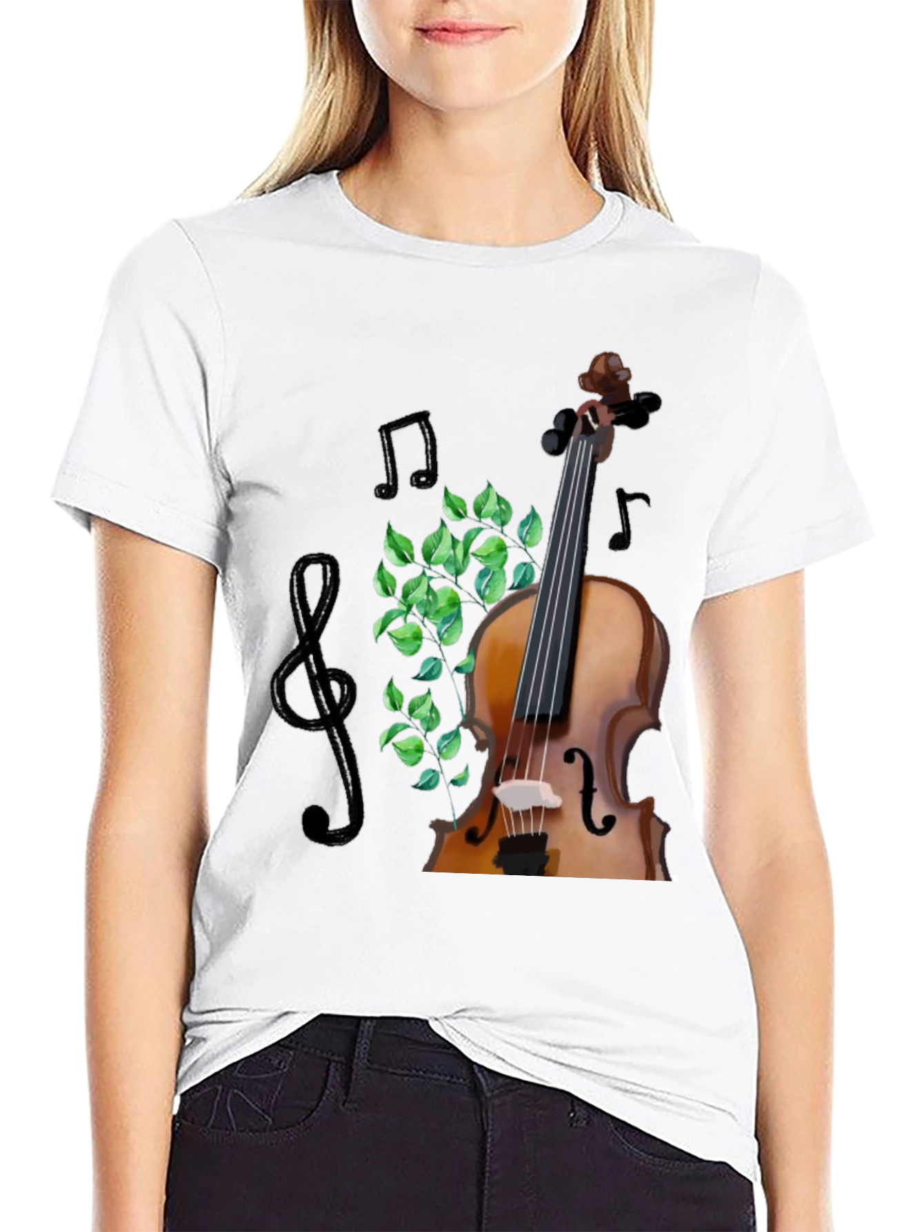 Musical T-Shirt: Violin Notes and Greenery Design