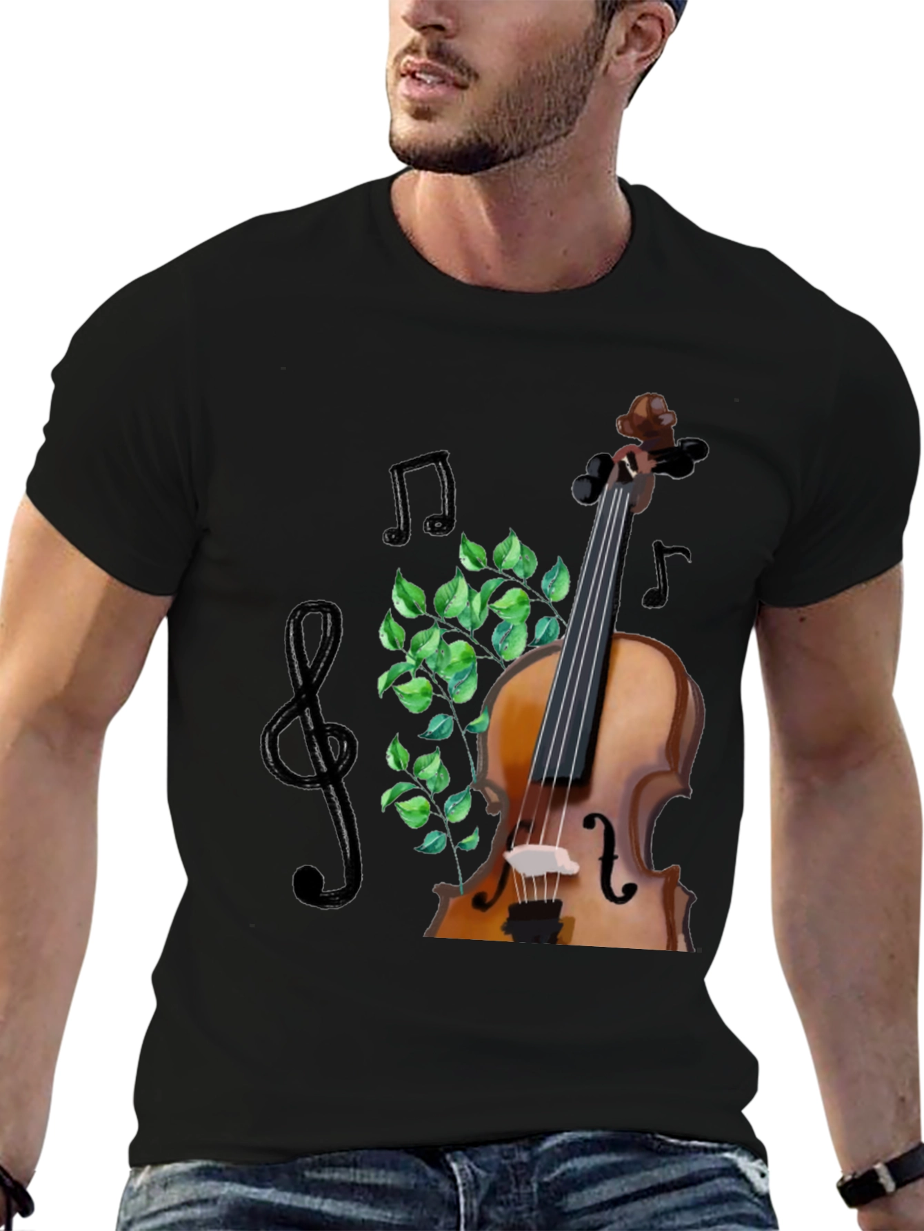 Musical T-Shirt: Violin Notes and Greenery Design