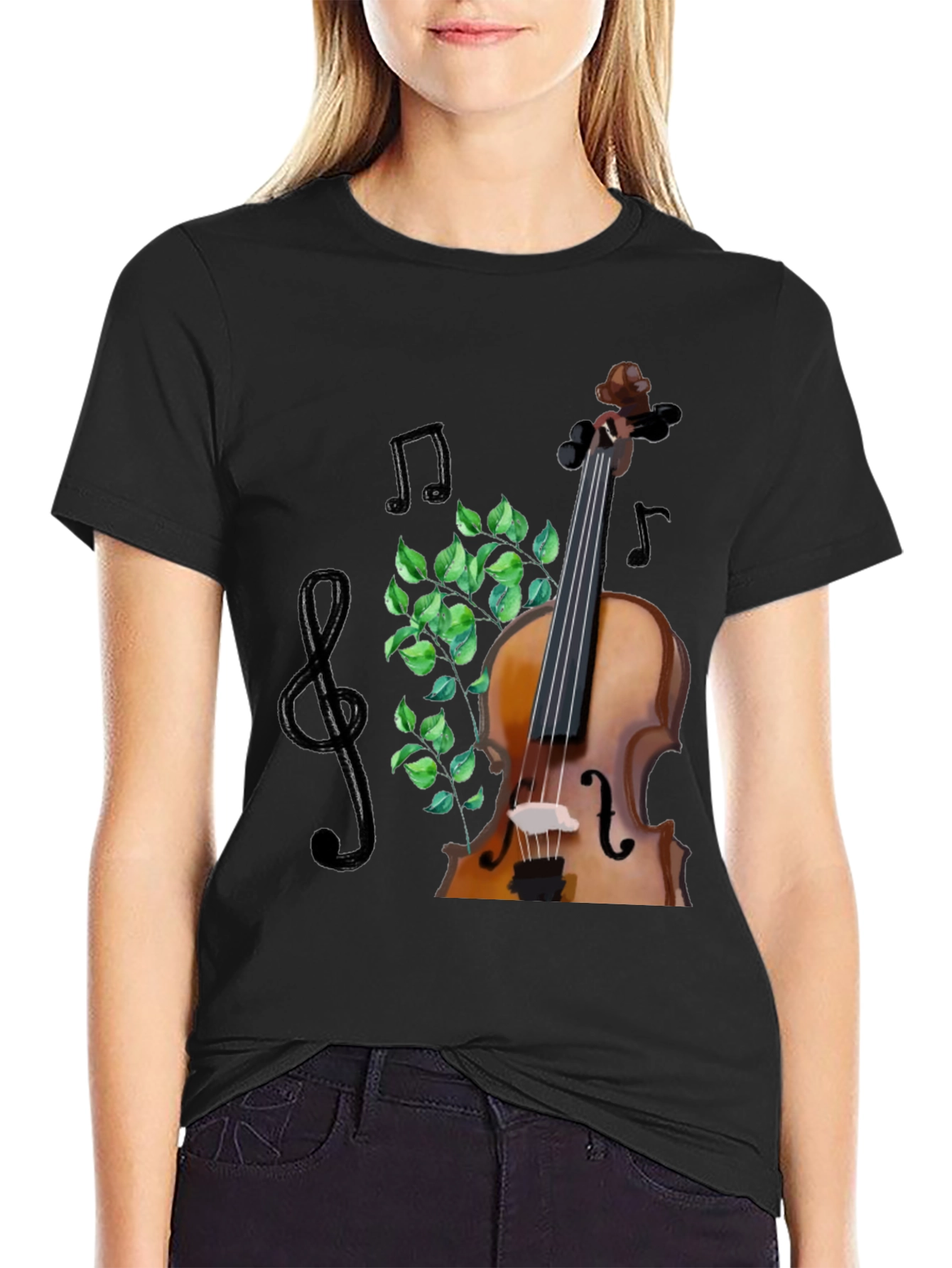 Musical T-Shirt: Violin Notes and Greenery Design